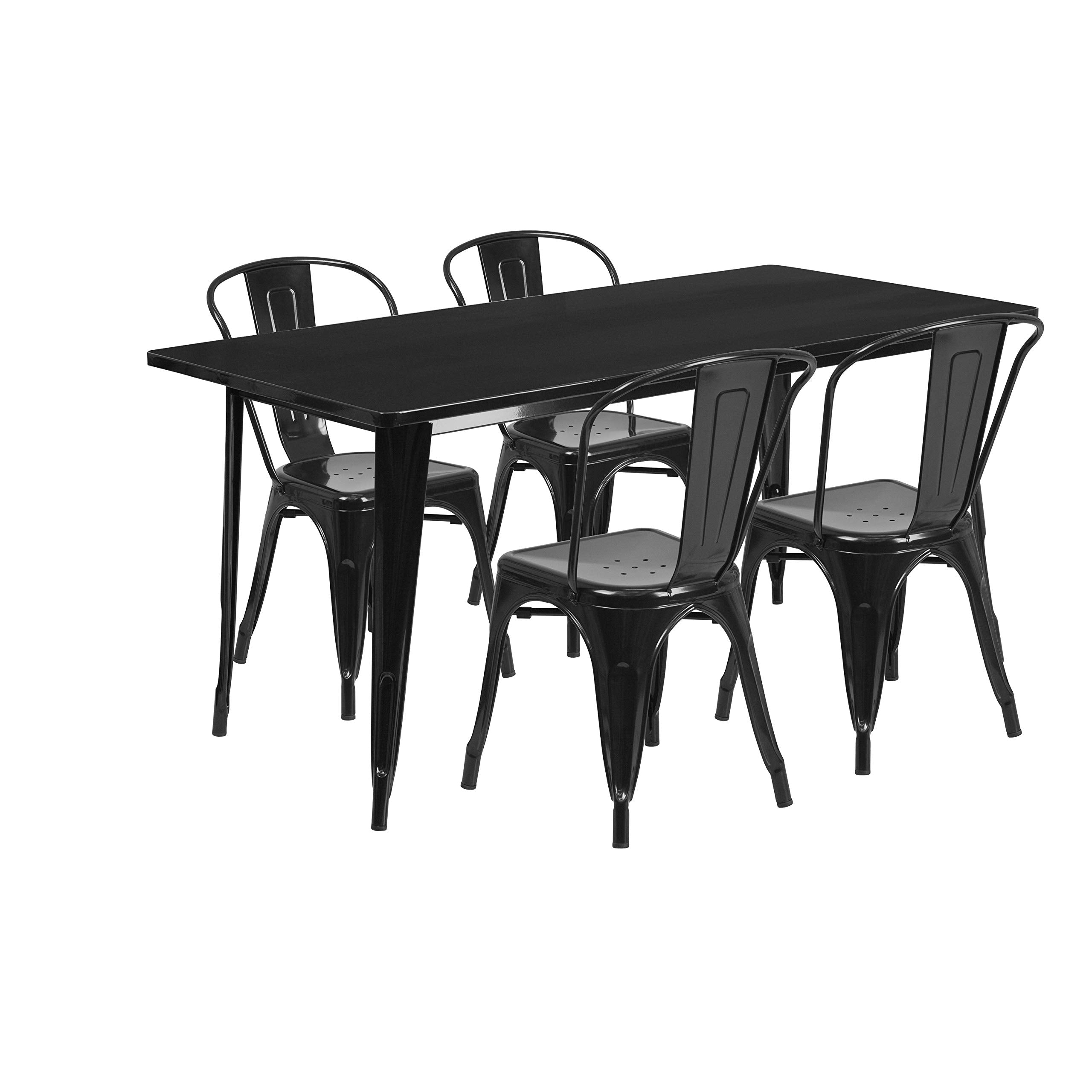 Flash Furniture Commercial Grade 31.5&quot; x 63&quot; Rectangular Black Metal Indoor-Outdoor Table Set with 4 Stack Chairs