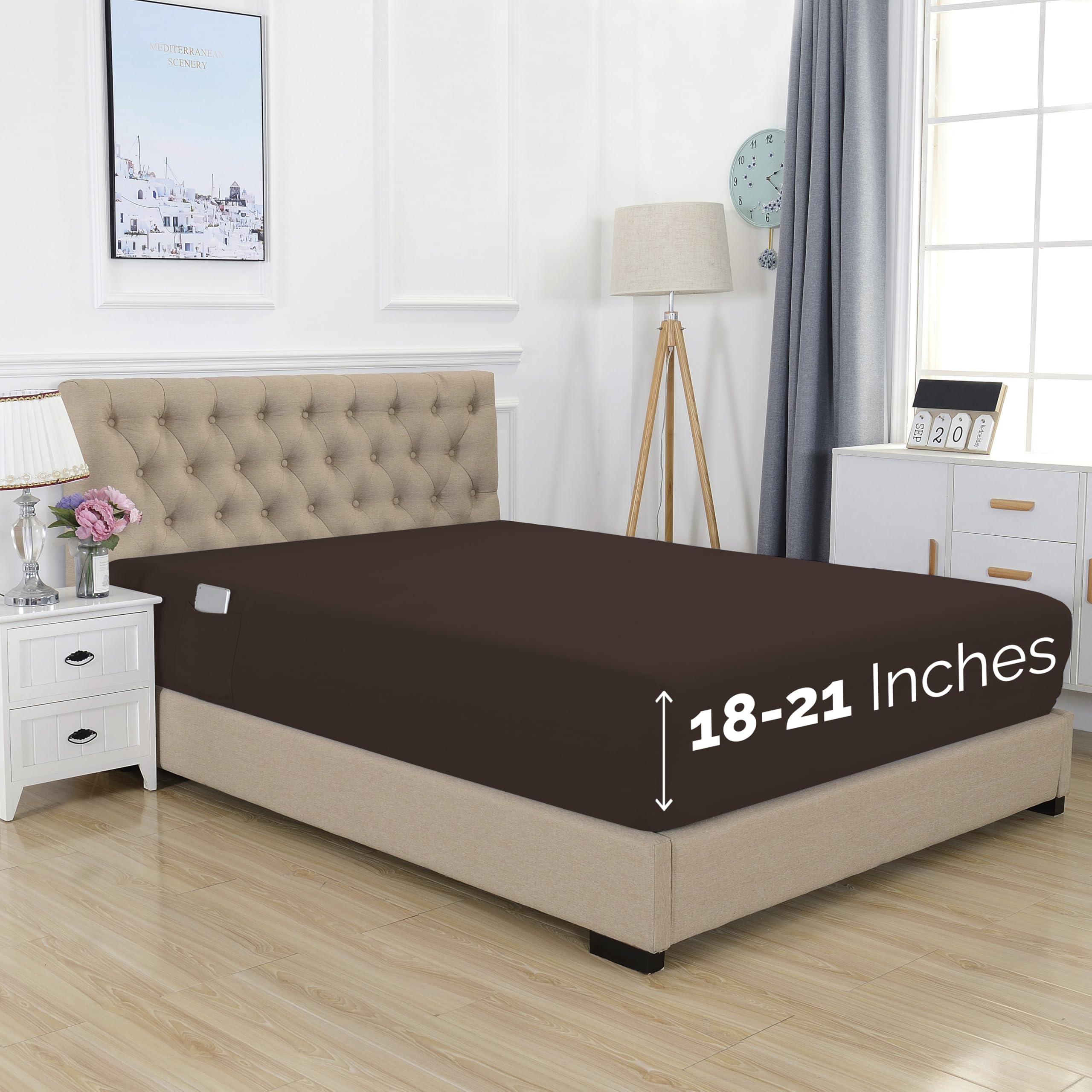 Elegant Comfort 1500 Premium Hotel Quality 18-21 Inches Deep - Extra Deep Pocket Single Fitted Sheet For High Mattress, Luxury And Softest, Smart Pocket - Wrinkle Free, Full, Chocolate Brown