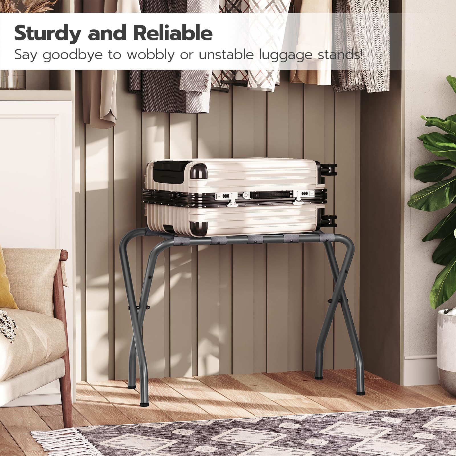 Hoobro Luggage Rack, Metal Foldable Suitcase Stand For Guest Room, Holds Up To 100 Lb, 27 X 15.3 X 22 Inches, Steel Frame, Nylon