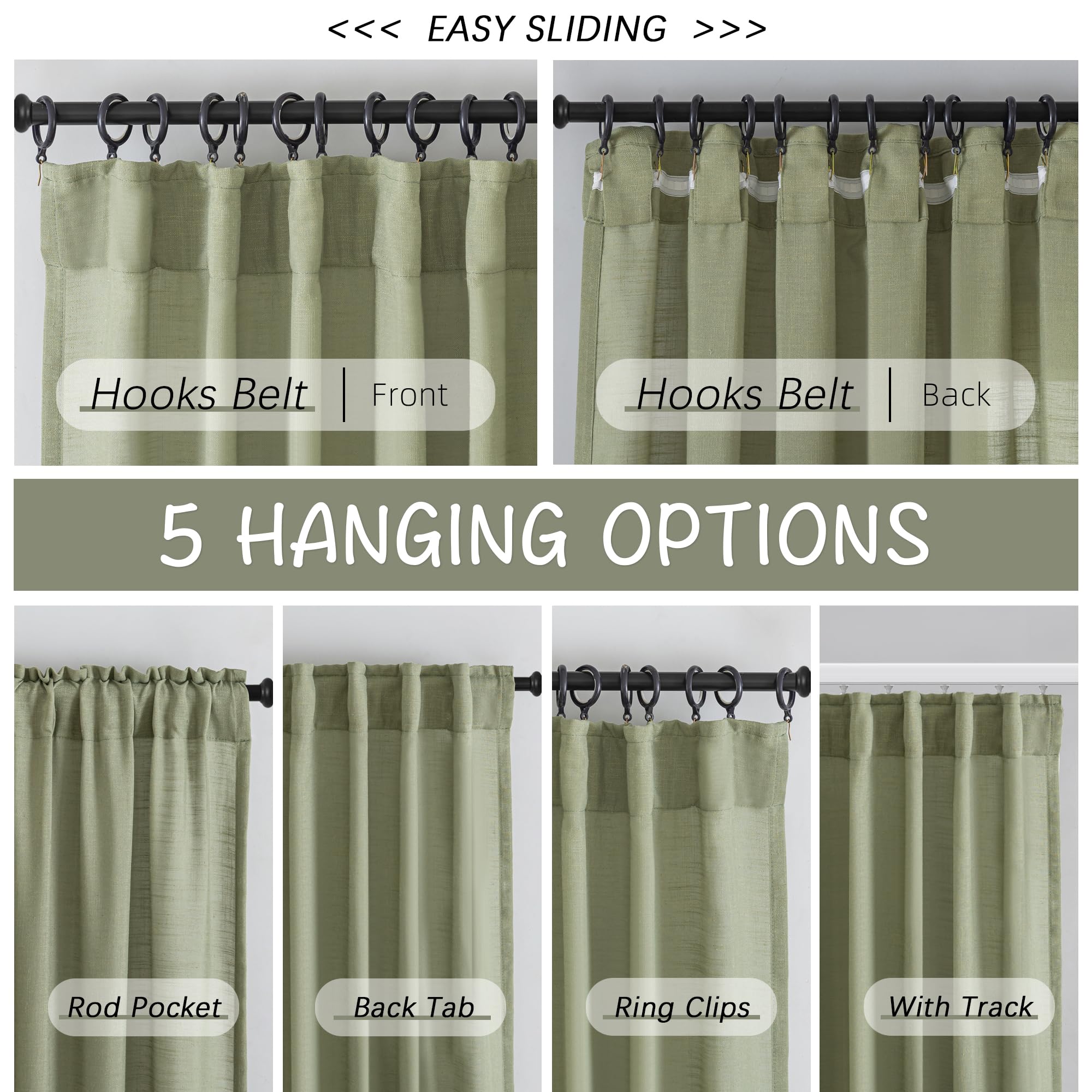 Donren Sage Green Linen Back Tab Curtains 102 Inches Long 2 Panels Set For High Windows - Rustic Hooks Belt Pinch Pleated Look Easy Sliding Curtains Rod Pocket Light Filtering Semi Privacy Drapres