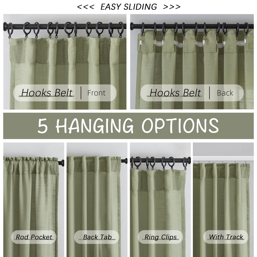 Donren Sage Green Linen Back Tab Curtains 132 Inches Extra Long Ceiling To Floor For Villa Farmhouse,2 Panels Hooks Belt Pinch Pleated Easy Sliding Curtains Light Filtering Semi Privacy Sheer Drapres