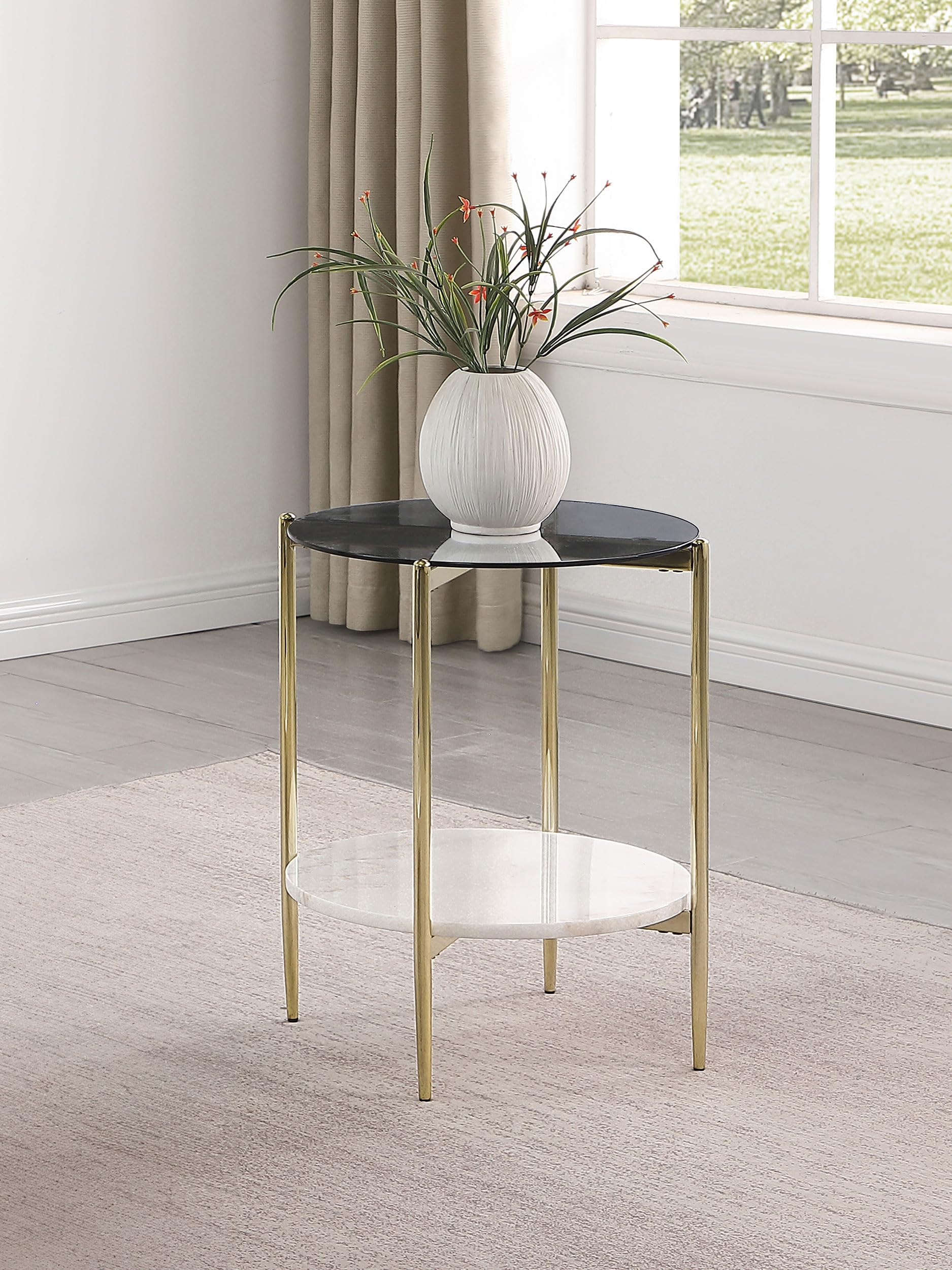 Coaster Home Furnishings Jonelle Round Glass Top End Table White Marble Shelf Gold