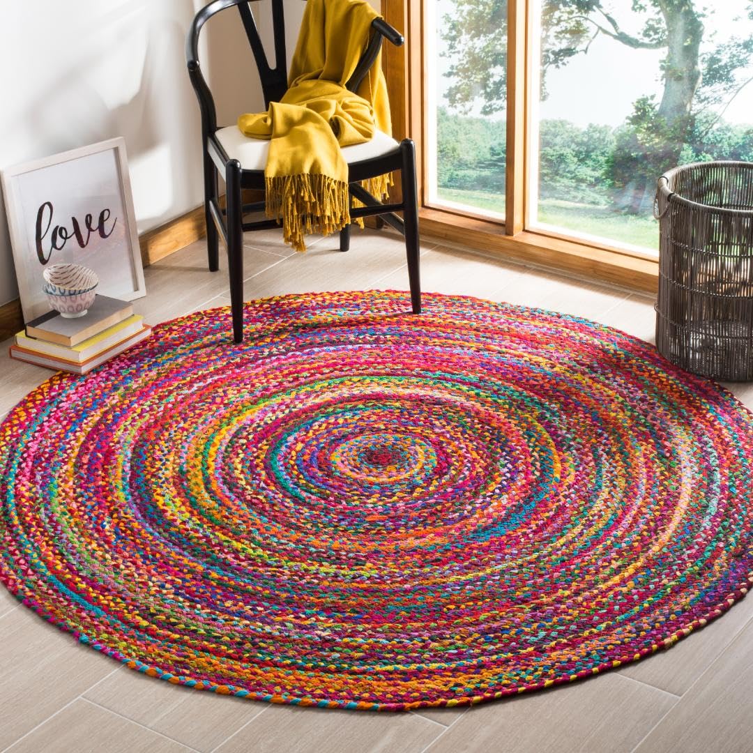 SAFAVIEH Braided Collection 6 Round Red / Multi BRD210A Handmade Boho Reversible Cotton Area Rug