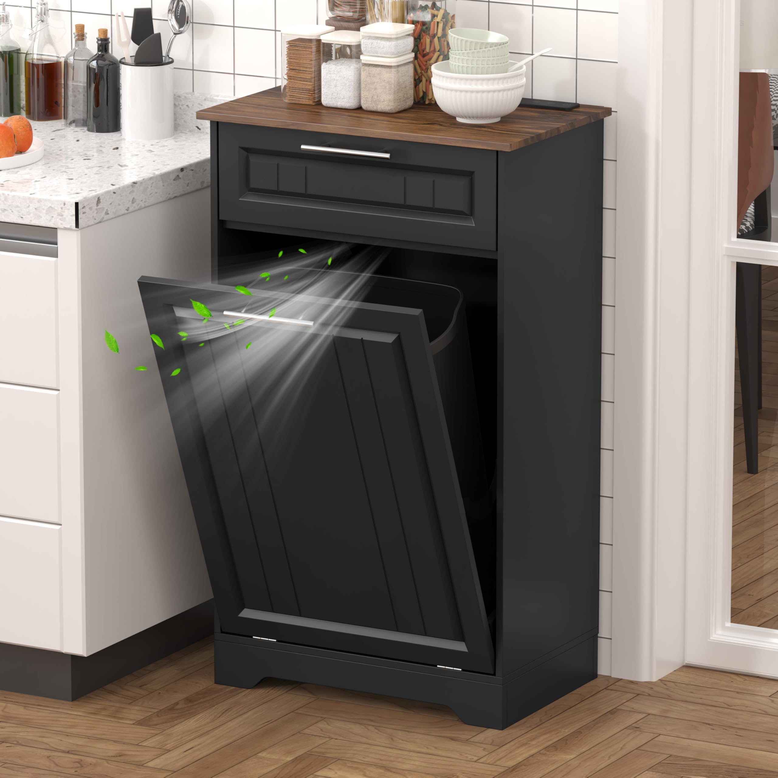 METOTI 10 Gallon Tilt Out Kitchen Trash Can Cabinet with Deodorizing Function, Wooden Garbage Can Cabinet with Storage Drawer, H