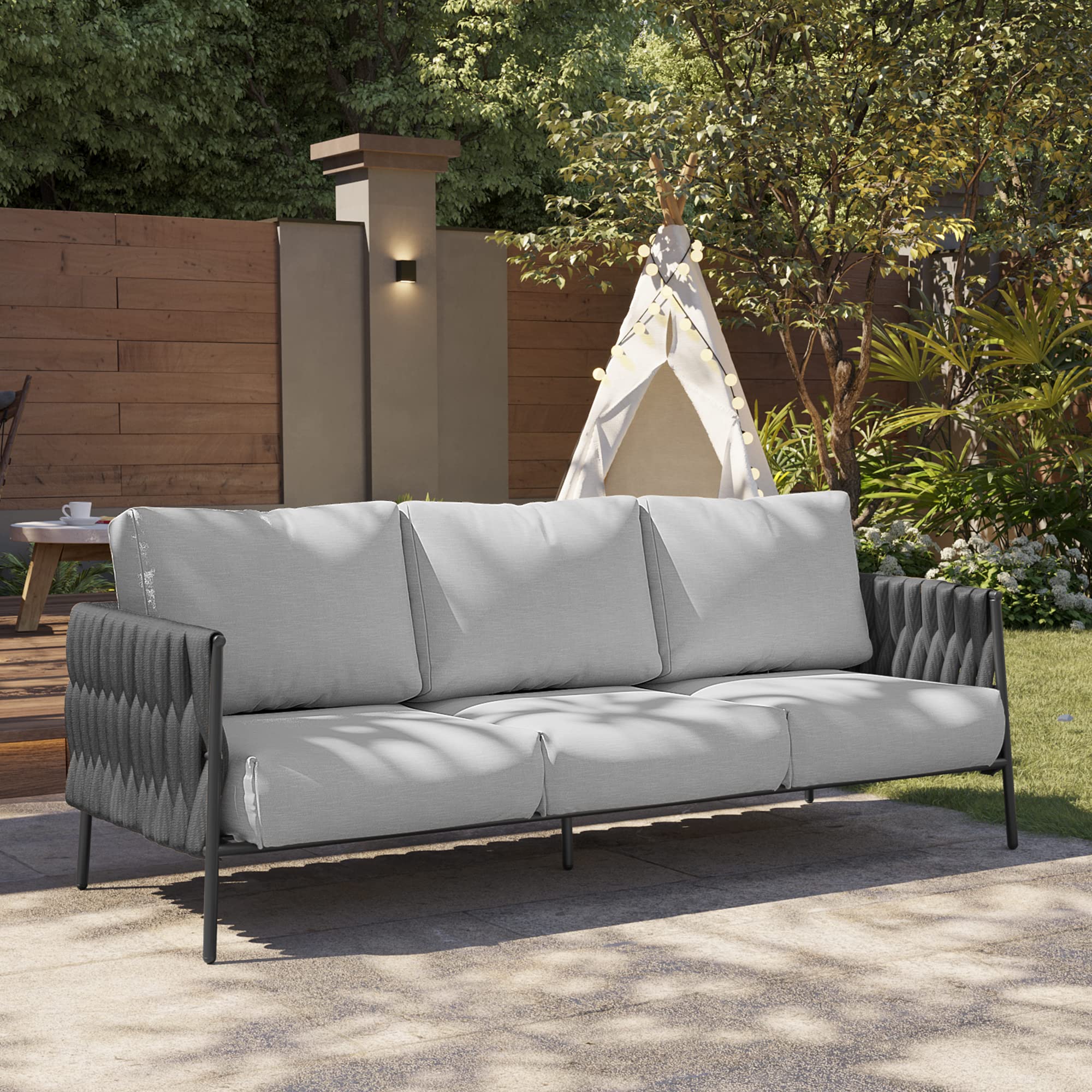 East Oak Life Chatter Outdoor Sofa, Outdoor Furniture 3 Seats With Waterproof Thick Cushions, Modern Patio Sofa Deep Seating For Outdoor Garden Porch Blackyard, Earth Black & Misty Grey