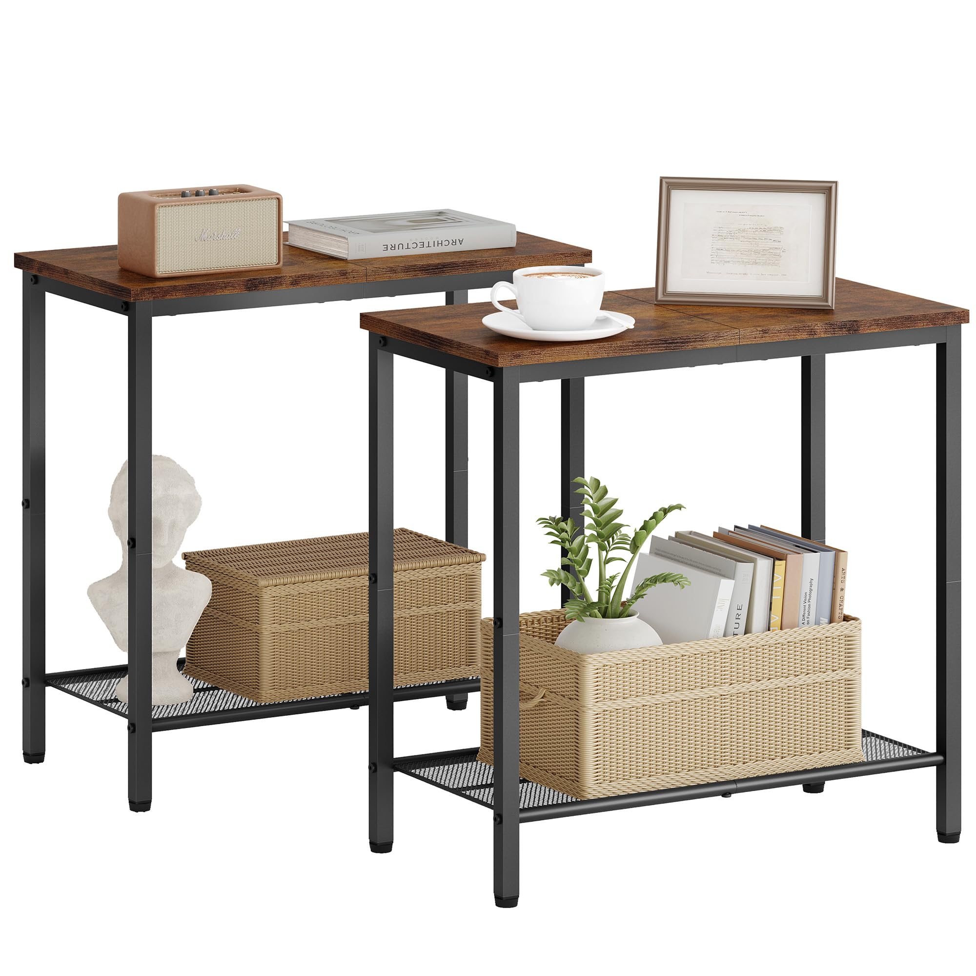 Hoctieon 2 Tier End Table, Sofa Side Table, Narrow Side Table With Storage, Slim Nightstand For Small Spaces, Metal Frame, For Living Room, Bedroom, Sofa Couch, Hall, Rustic Brown, 2 Set