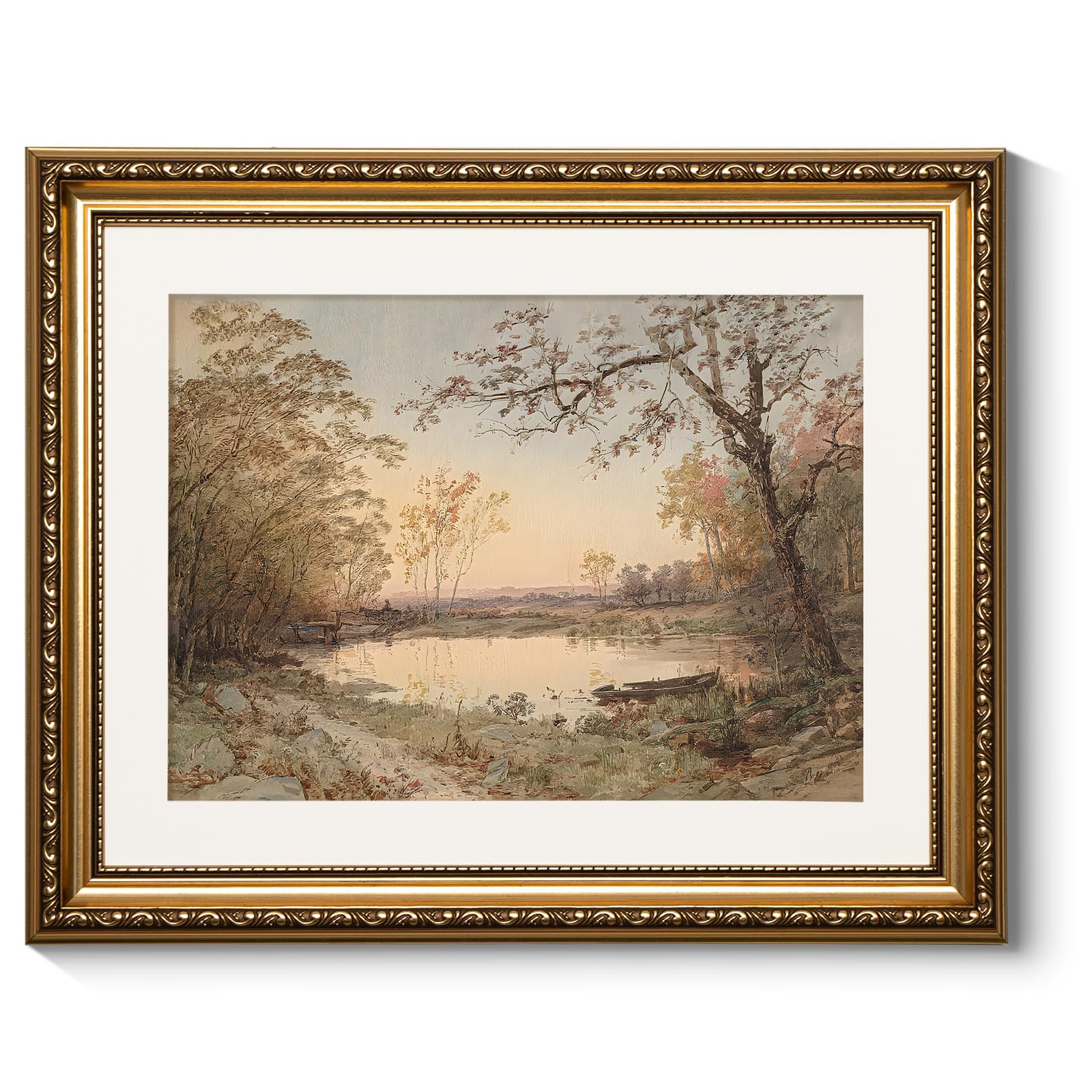 ARPEOTCY Vintage Gold Framed Wall Art, Nature Fall Landscape Riverside Trees Paintings, Victorian Wall Decor for Living Room Bed