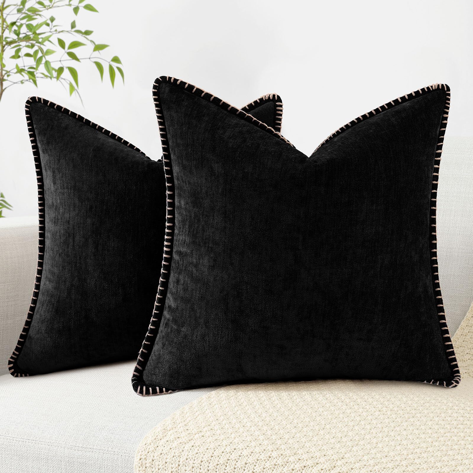 Decoruhome Chenille Soft Throw Pillow Covers 16X16 Set Of 2, Farmhouse Velvet Decorative Pillow Covers With Stitched Edge For Co