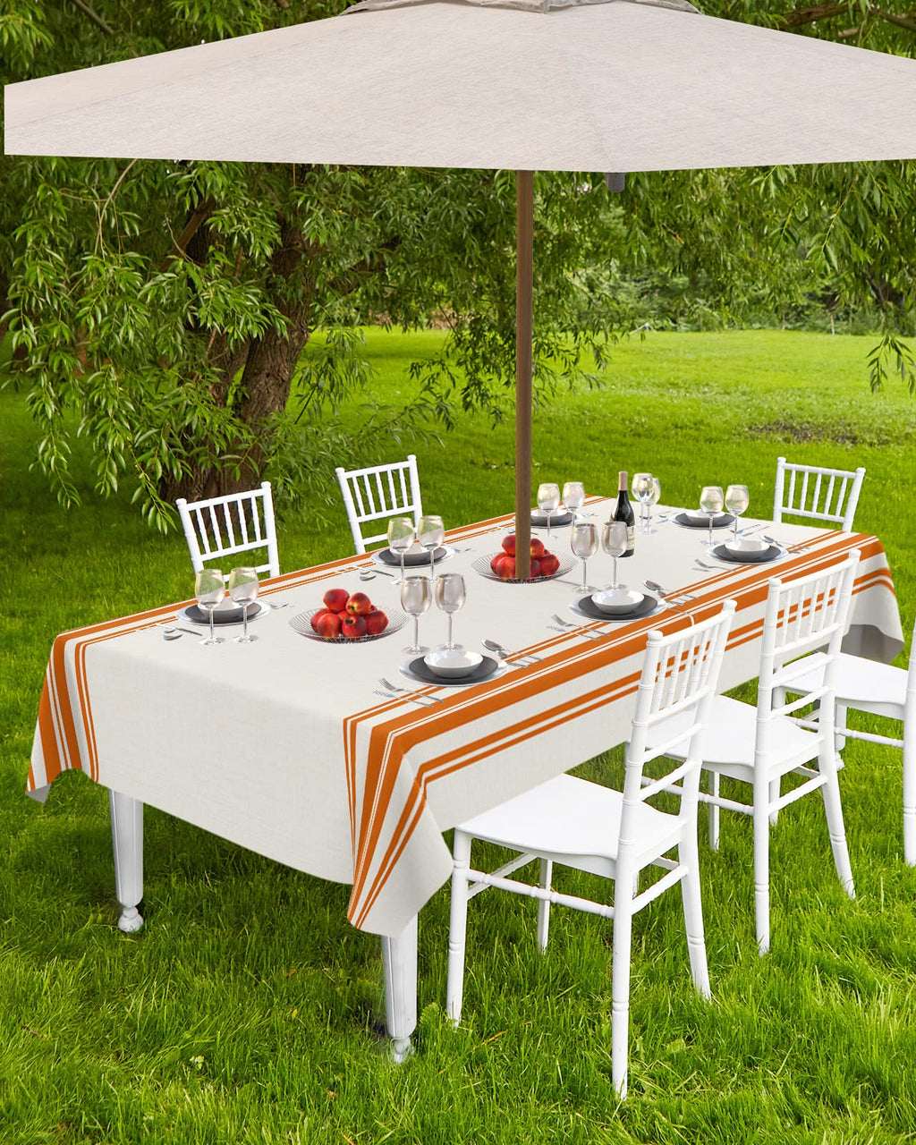 Fall Outdoor Tablecloth With Umbrella Hole, Farmhouse Orange Stripe Rectangle Tables Zippered Table Cloth Waterproof Tabletop Ta