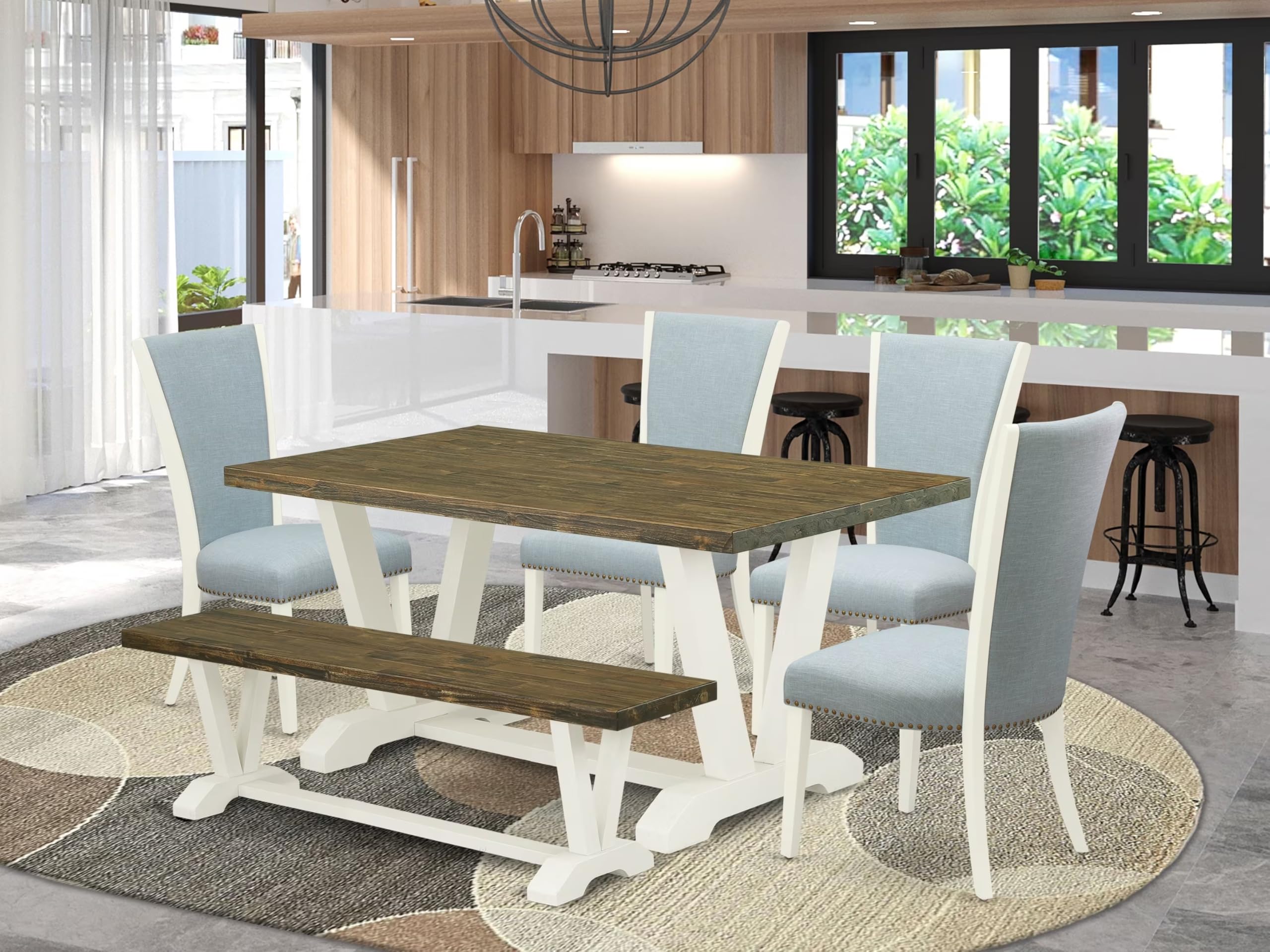 East West Furniture V076VE215-6 6 Piece Dining Set Contains a Rectangle Dining Room Table with V-Legs and 4 Baby Blue Linen Fabric Upholstered Chairs with a Bench, 36x60 Inch, Multi-Color