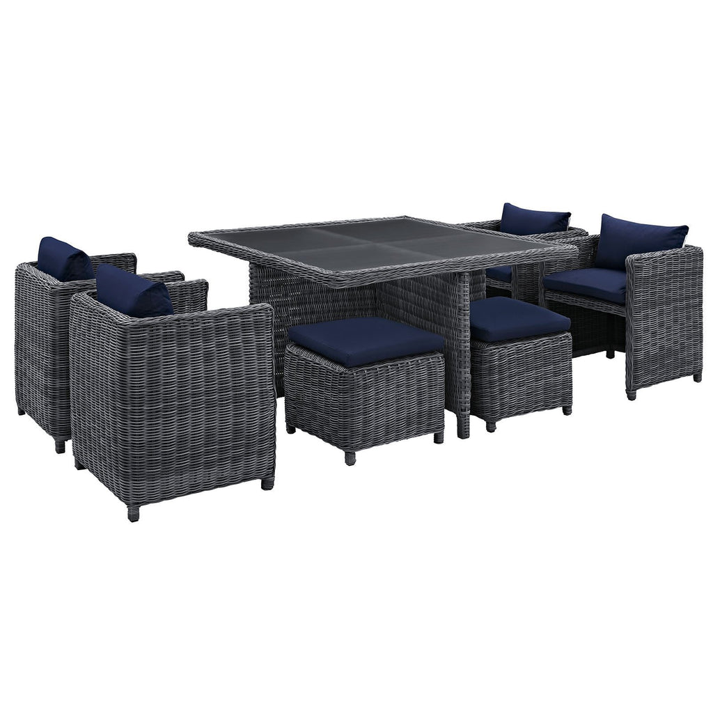 Modway Summon Wicker Rattan Outdoor Patio Sunbrella 9-Pc Dining Set In Canvas Navy