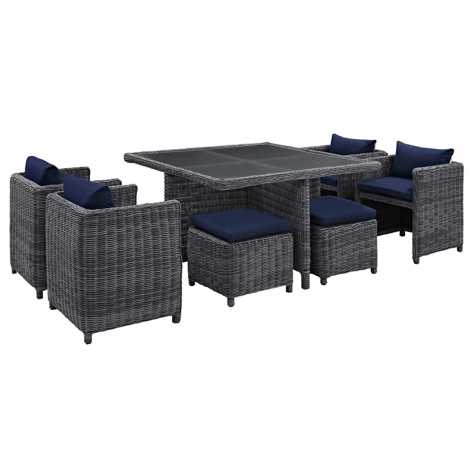 Modway Summon Wicker Rattan Outdoor Patio Sunbrella 9-Pc Dining Set In Canvas Navy