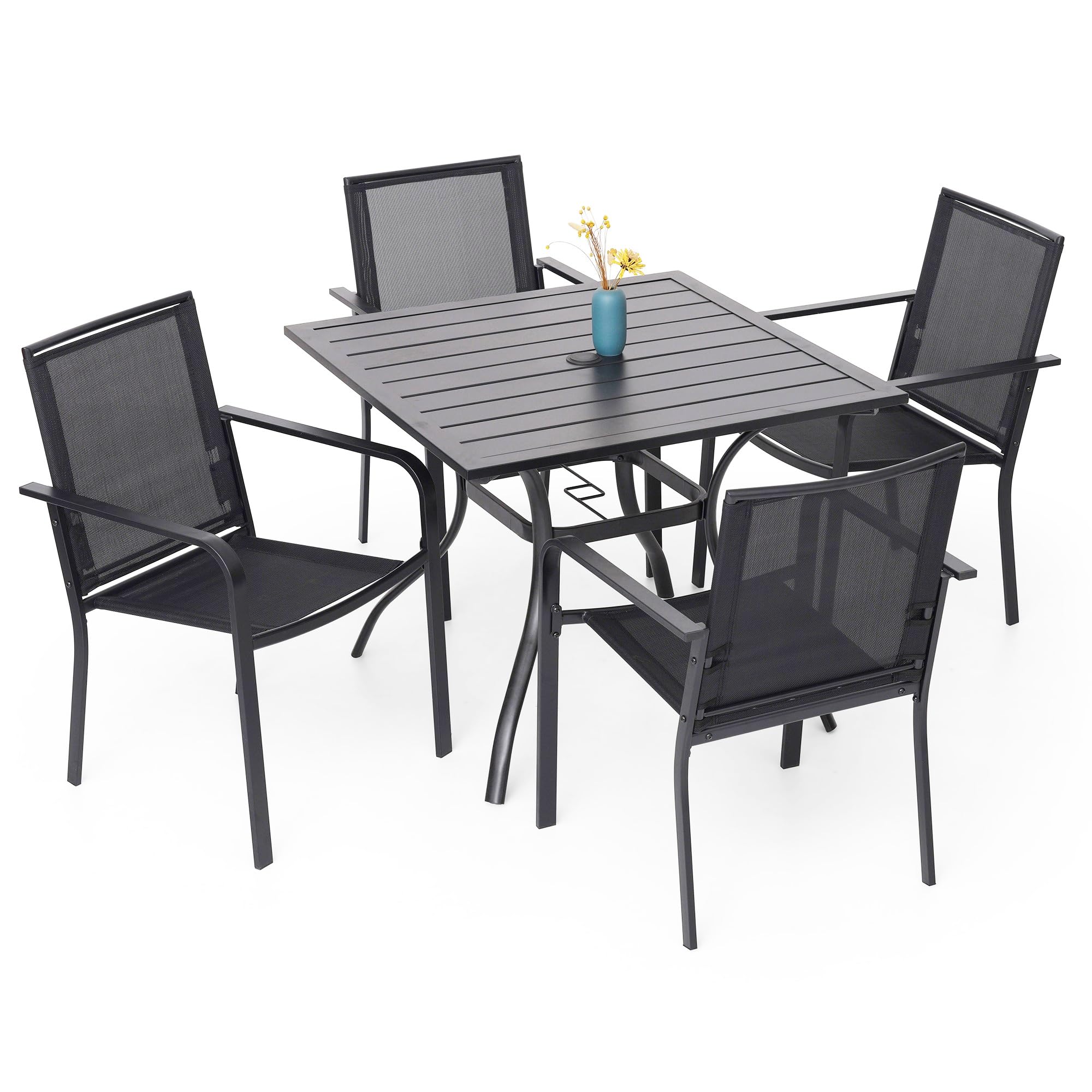 Anmutig 5 Piece Patio Dining Set, 4 Pcs Outdoor Black Sling Stackable Chairs And 35' Square Metal Patio Table With Umbrella Hol