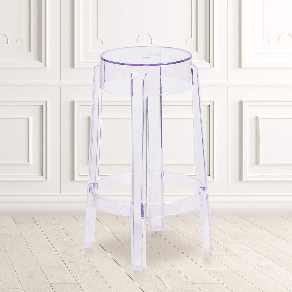 Flash Furniture Laney 25.75" Indoor/Outdoor Counter Height Transparent Dining Stool with Foot Ring, Stackable Ghost Counter Height Stool, Transparent