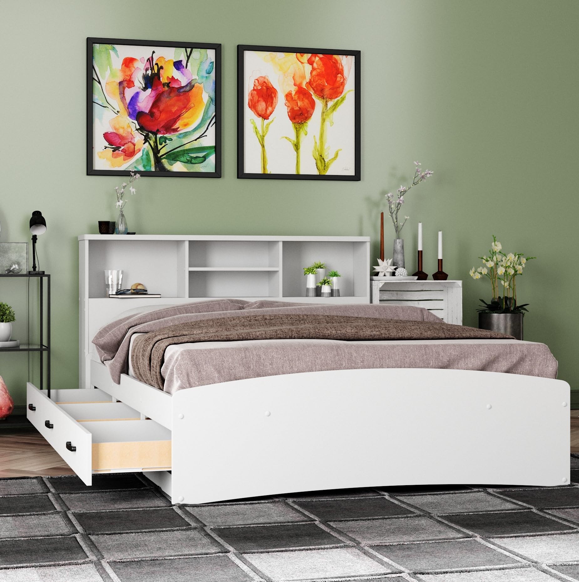 Captain Paltform Bed with 3 Drawers and Bookcase Headboard (White, Full)
