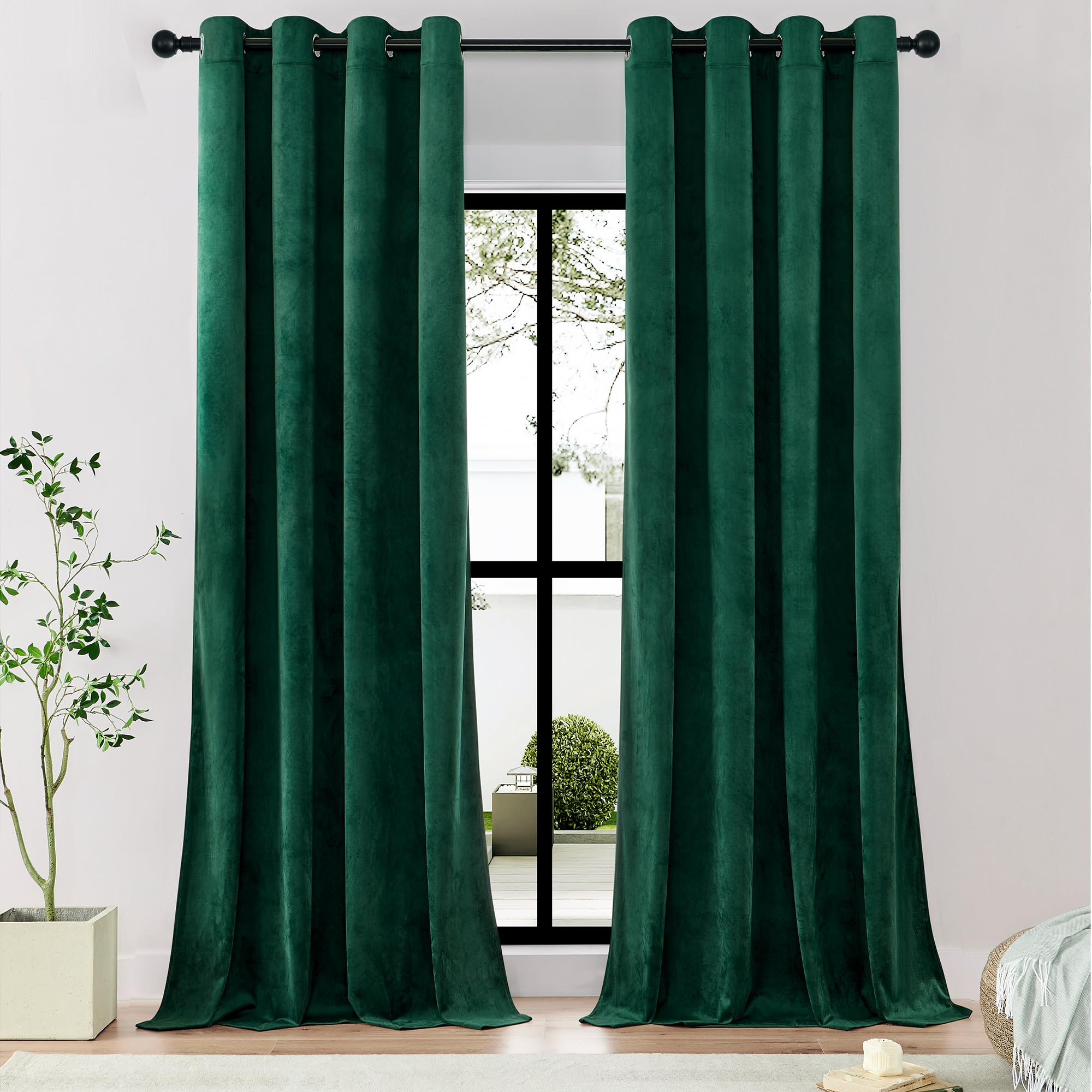 Timeper Dark Green Velvet Curtains 108 Inches - Grommet Blackout Curtains Thermal Insulated Window Treatment, Holiday Decor Back