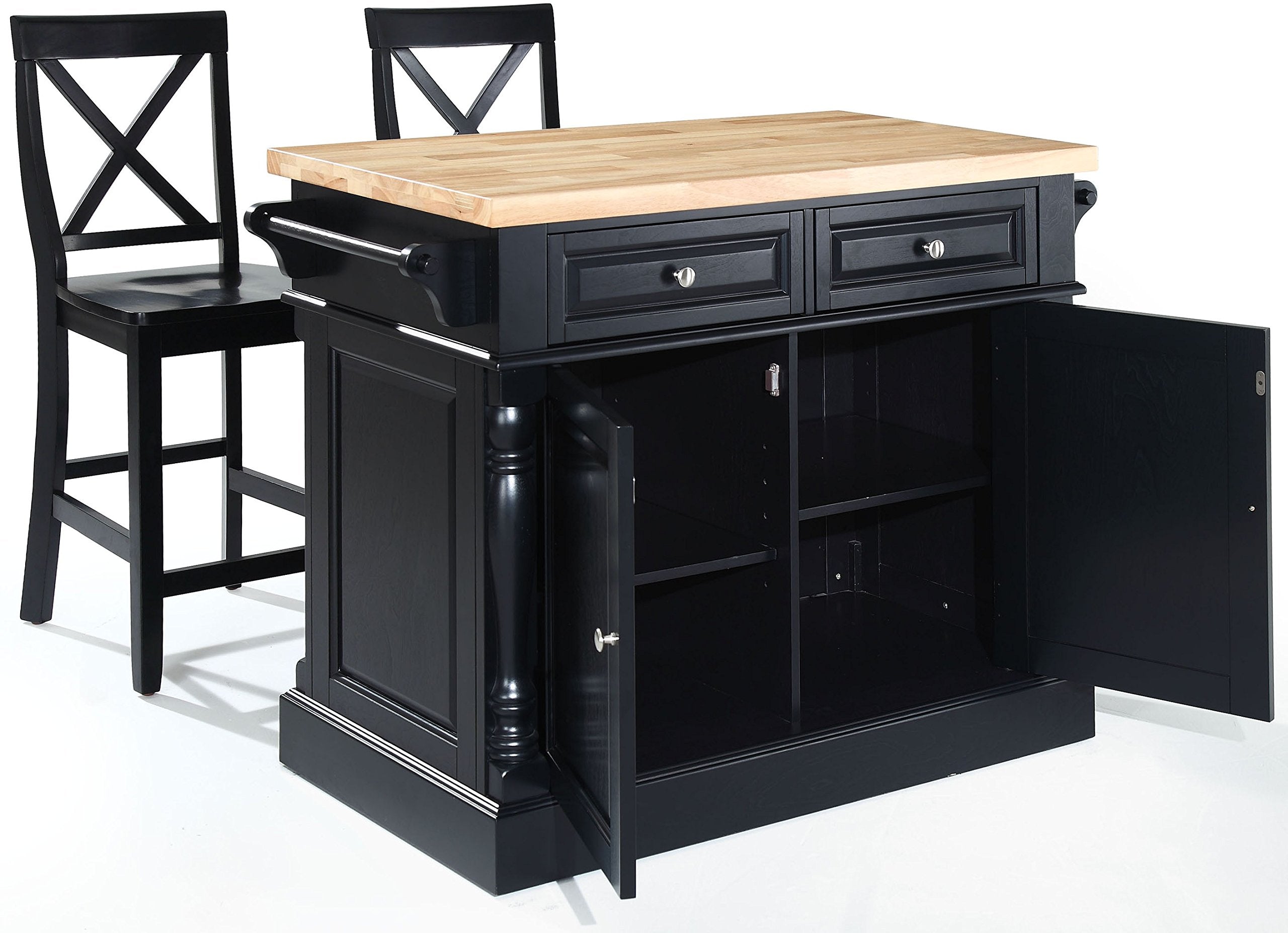Crosley Furniture Oxford Butcher Block Kitchen Island, Coffee Bar, with a Set of 2 X-Back Stools, Black