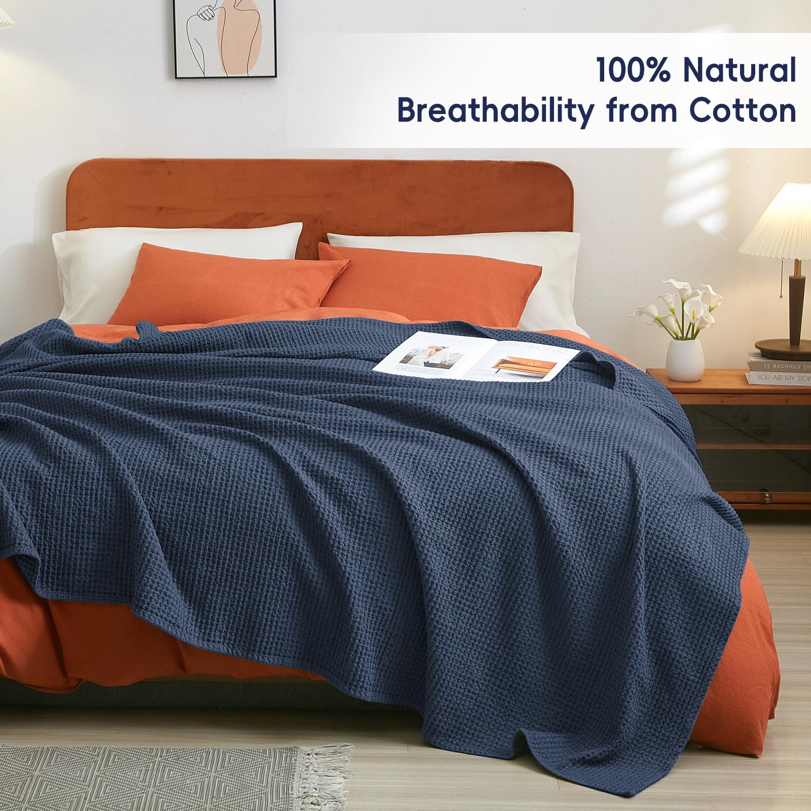 Phf 100% Cotton Waffle Weave Blanket Twin Size 66'X90'-Lightweight Washed Soft Breathable Blanket For All Season-Perfect Blanket Layer For Couch Bed Sofa -Elegant Home Decoration - Dark Navy