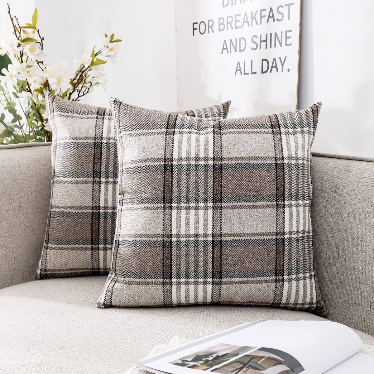 CARRIE HOME Brown Farmhouse Throw Pillow Covers 16x16 Set of 2 Plaid Decorative Throw Pillows 16 x 16 for Spring Fall and Winter
