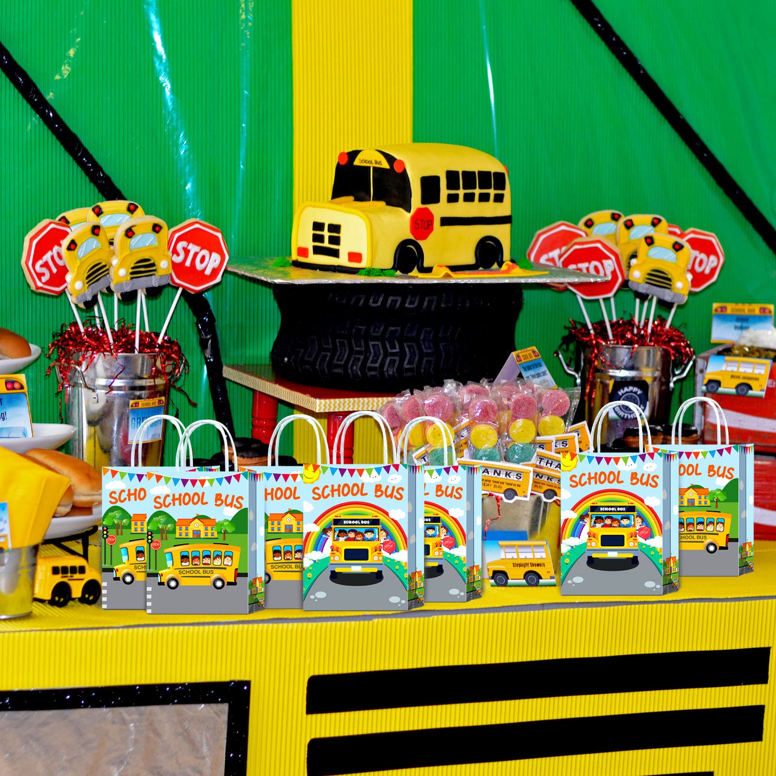 16 Pieces School Bus Goodie Bags For School Bus Birthday Party Supplies,School Bus Gift Snacks Treat Candy Party Favors Bags Wit