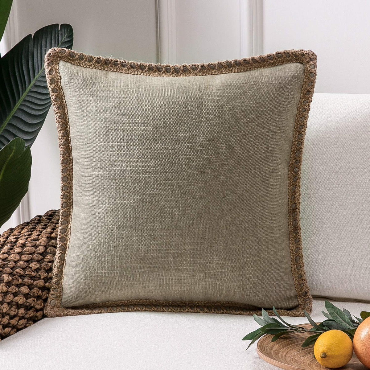 Phantoscope Farmhouse Solid Throw Decorative Pillow Cover Burlap Linen Trimmed Tailored Edges Outdoor Pillow Beige 20 X 20 Inche