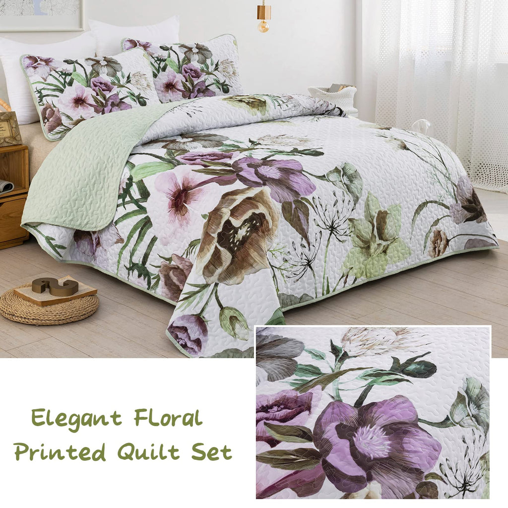 Drucon Floral Quilt Set Queen 3 Pieces Boho Green Quilt Coverlet Set Soft Microfiber Lightweight Green Quilted Bedspread For All