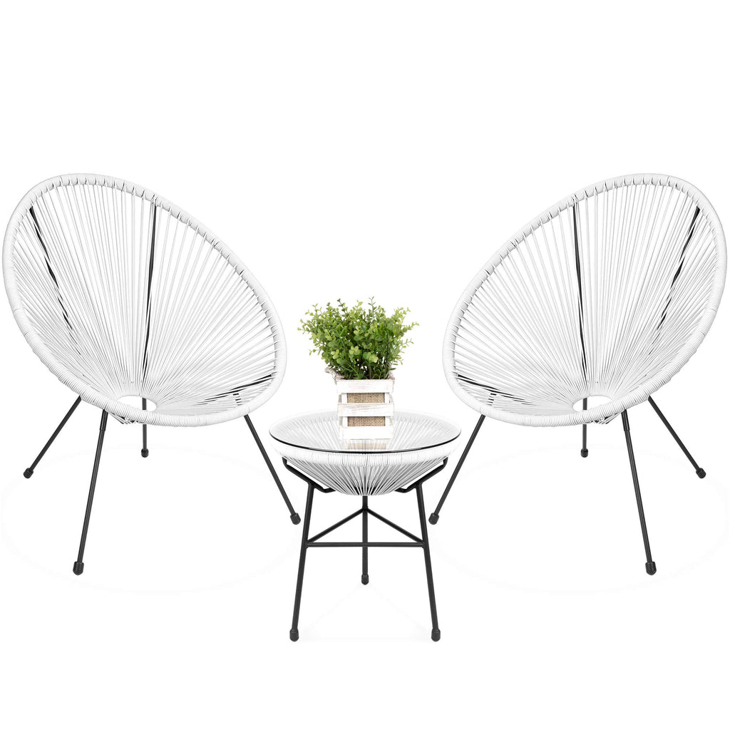 Best Choice Products 3-Piece Outdoor Acapulco All-Weather Patio Conversation Bistro Set W/Plastic Rope, Glass Top Table And 2 Chairs - White