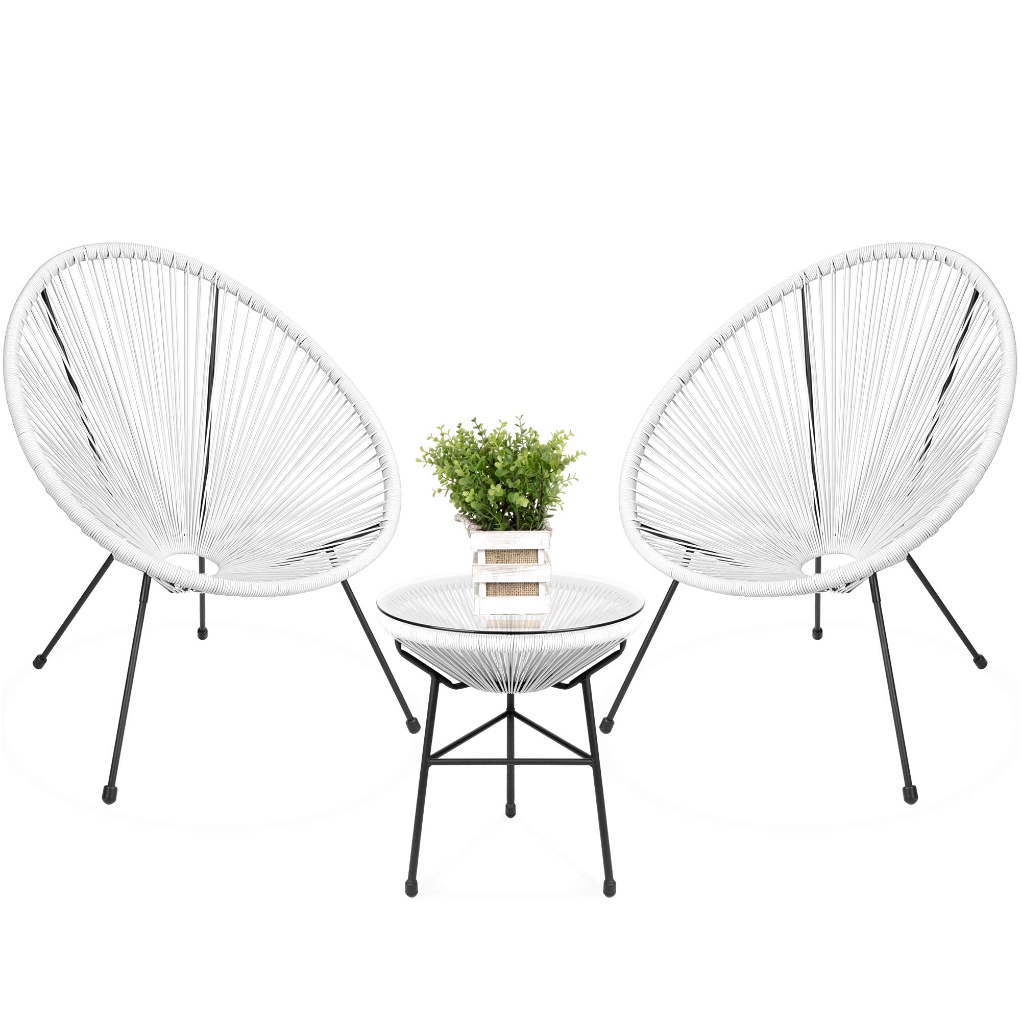 Best Choice Products 3-Piece Outdoor Acapulco All-Weather Patio Conversation Bistro Set W/Plastic Rope, Glass Top Table And 2 Chairs - White