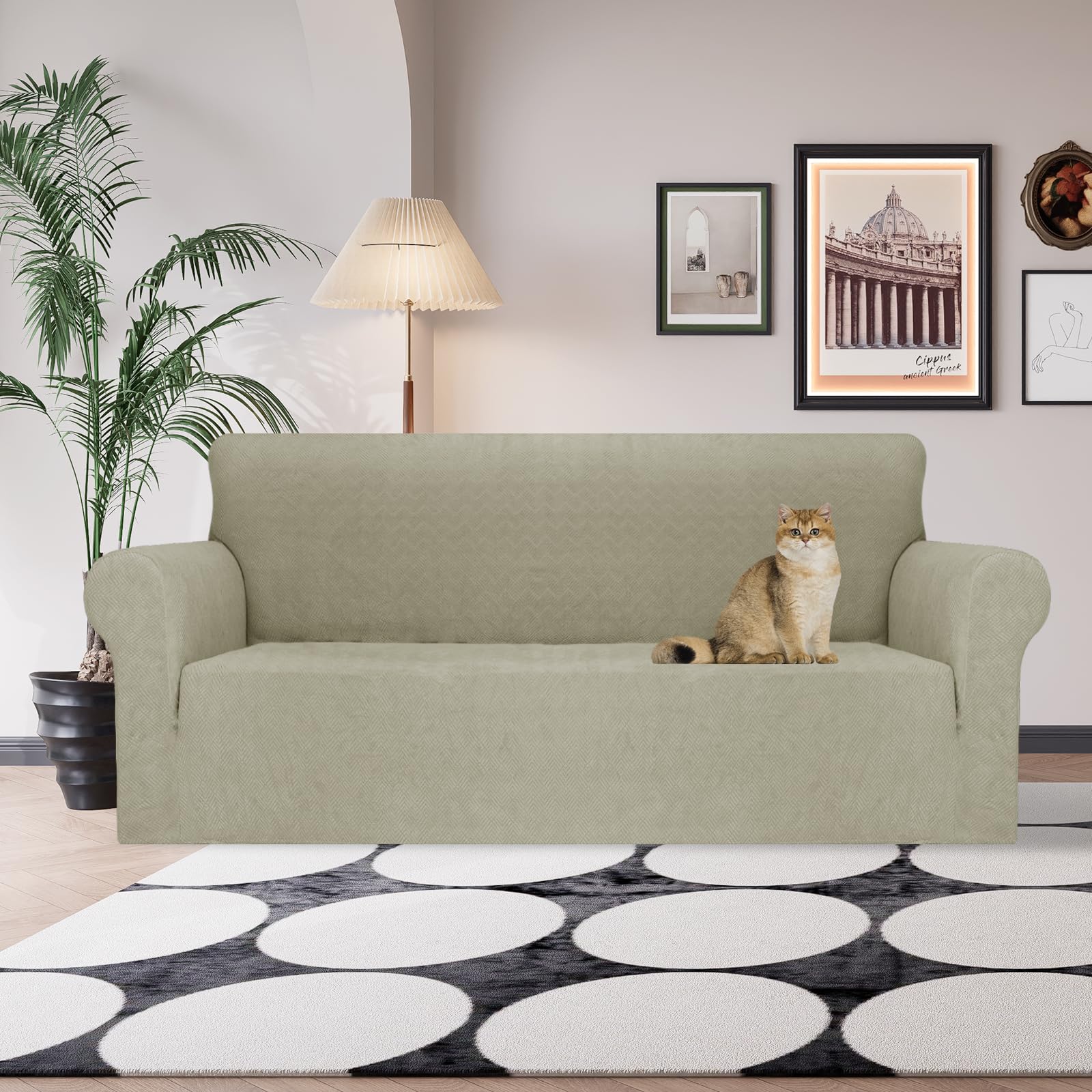 Jiviner Stretch Sofa Covers 1 Piece Couch Covers For 3 Cushion Couch Sofa, 3 Seater Sofa Slipcovers Furniture Protector With Elastic Bottom For Kids, Pets (Khaki, Sofa)