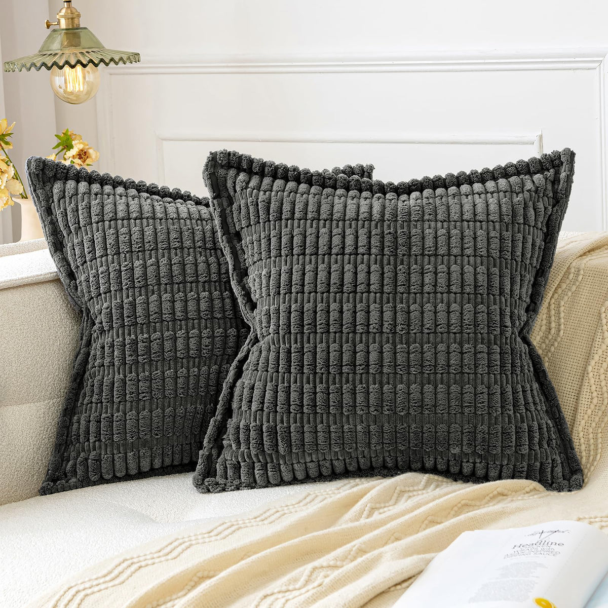Miulee Dark Grey Corduroy Decorative Throw Pillow Covers Pack Of 2 Soft Striped Pillows Pillowcases With Broad Edge Modern Boho