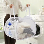 TECHMILLY 90L Collapsible Mesh Laundry Hamper - White, Large Opening with Strong Handles & Side Pockets for Dorm, Bathroom, Travel