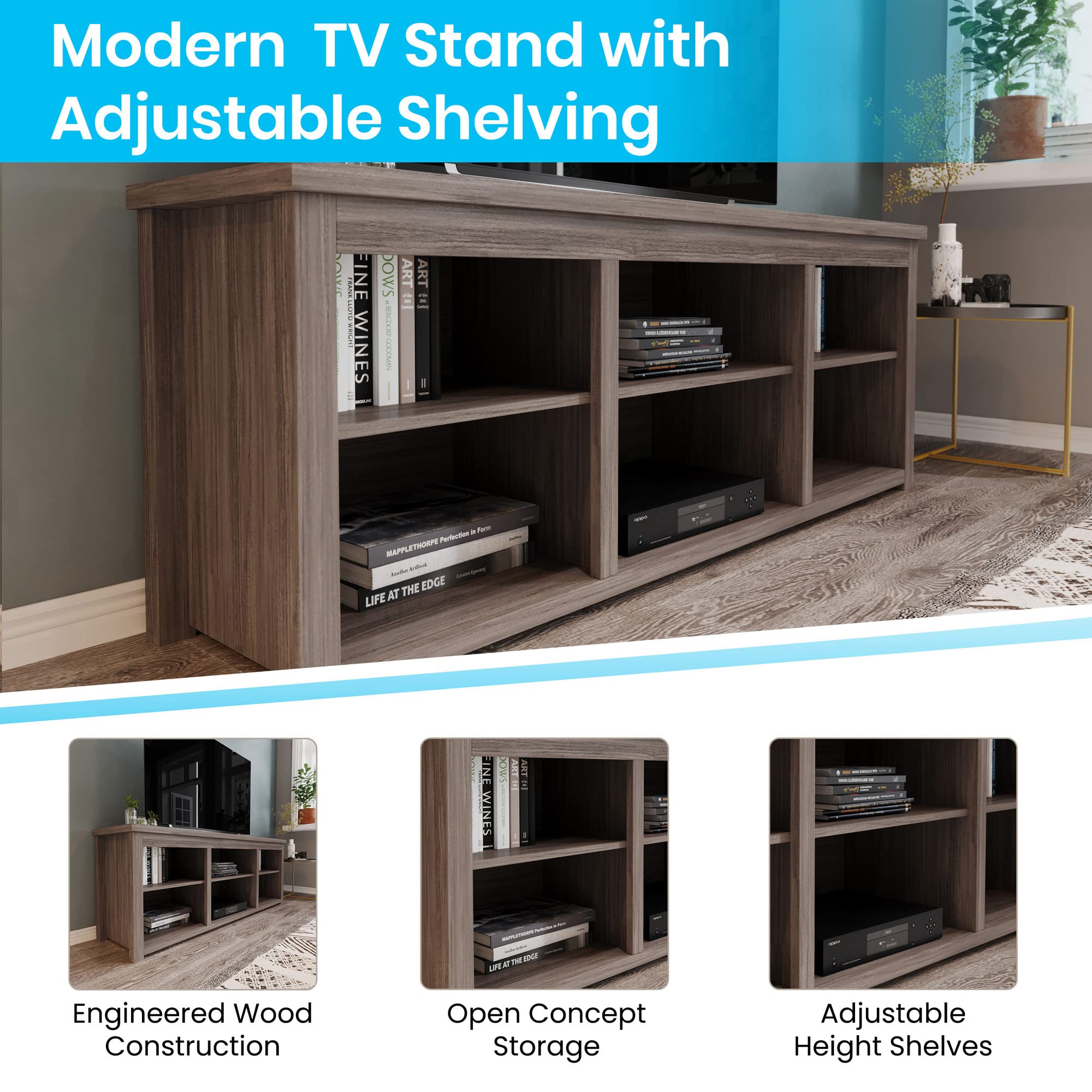 Flash Furniture Kilead TV Stand for up to 80&quot; TVs - Modern Gray Wash Oak Finish - 65&quot; Engineered Wood Framed Media Console - 6 Open Storage Compartments