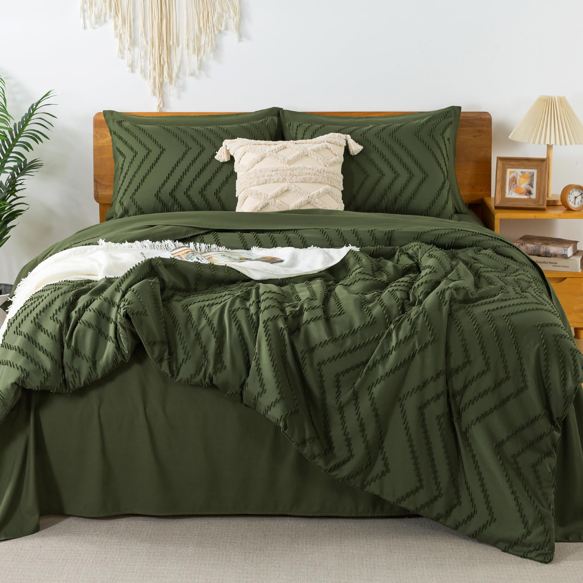 Litanika Comforters Queen Size Set With Sheets Dark Olive Green - 7 Pieces Bed In A Bag Queen Chevron Tufted Complete Beddding S