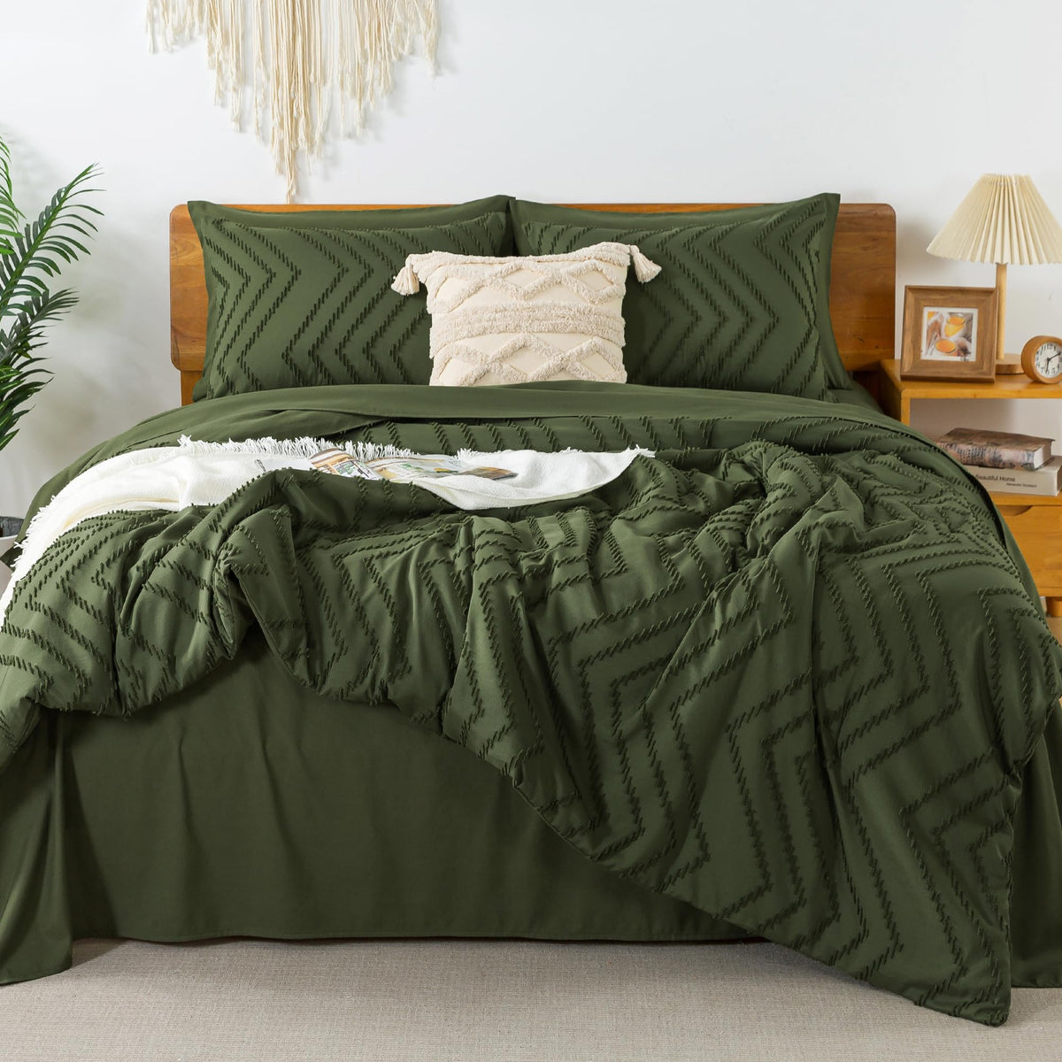 Litanika Full Size Comforter Sets With Sheets Dark Olive Green - 7 Pieces Bed In A Bag Full Chevron Tufted Complete Beddding Set