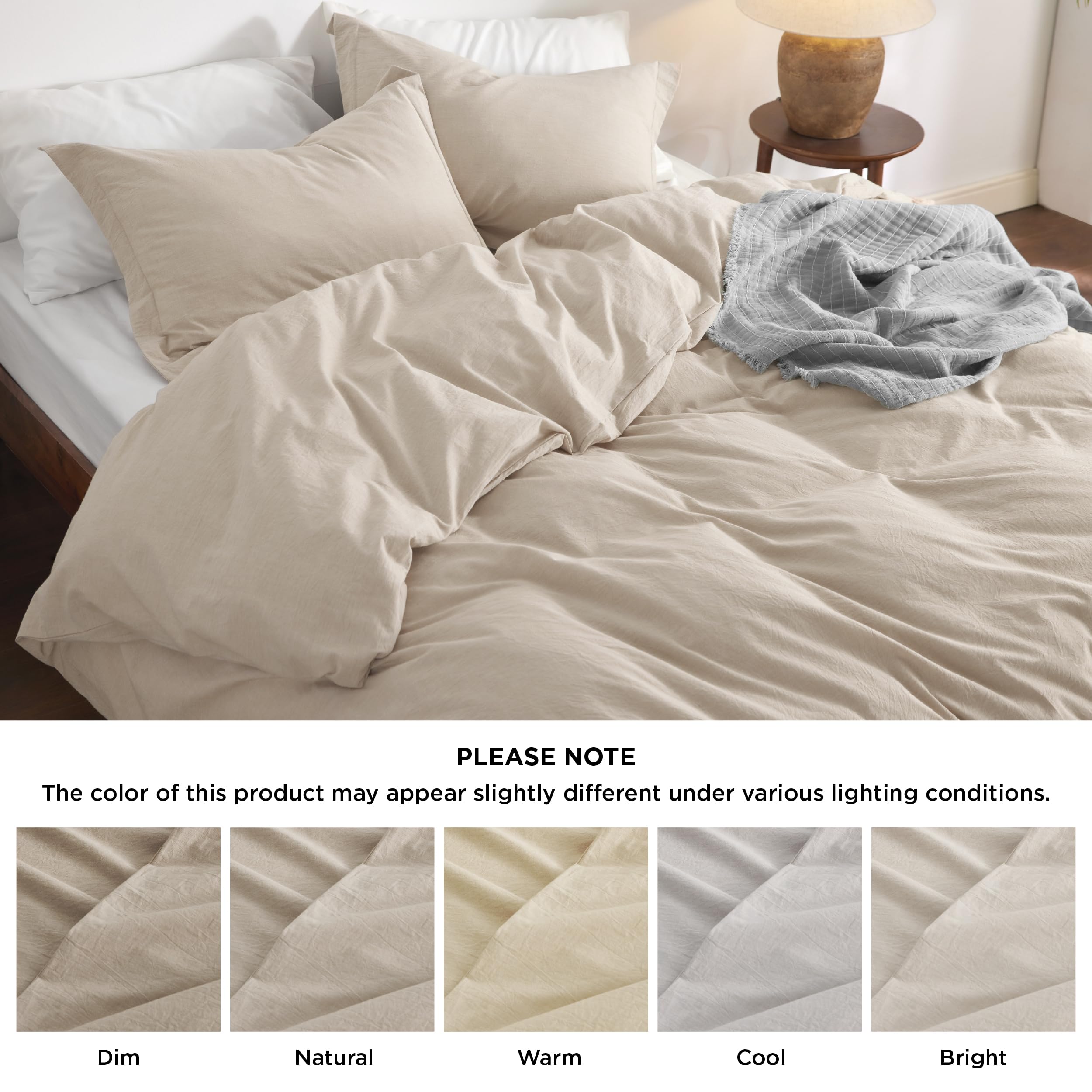 Bedsure 100% Washed Cotton Duvet Cover King Size - Beige Minimalist Cotton Duvet Cover Set Linen Like - 3 Pieces Gentlesoft™ Plain Simple Bedding Set With 2 Pillow Shams (Beige, King, 104'X90')
