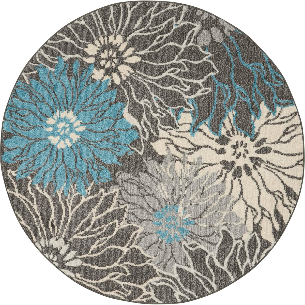 Nourison Passion Charcoal/Blue 5'3' X Round Area Rug, Floral, Farmhouse, Easy Cleaning, Non Shedding, Bed Room, Living Room, Di