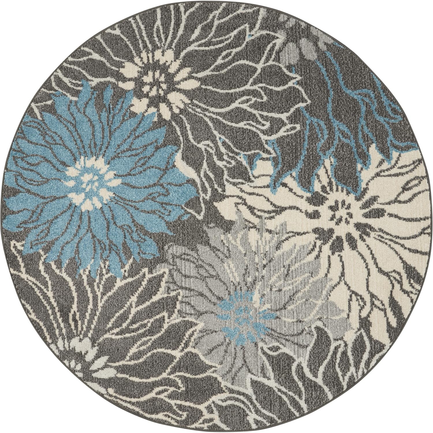 Nourison Passion Charcoal/Blue 5'3' X Round Area Rug, Floral, Farmhouse, Easy Cleaning, Non Shedding, Bed Room, Living Room, Di