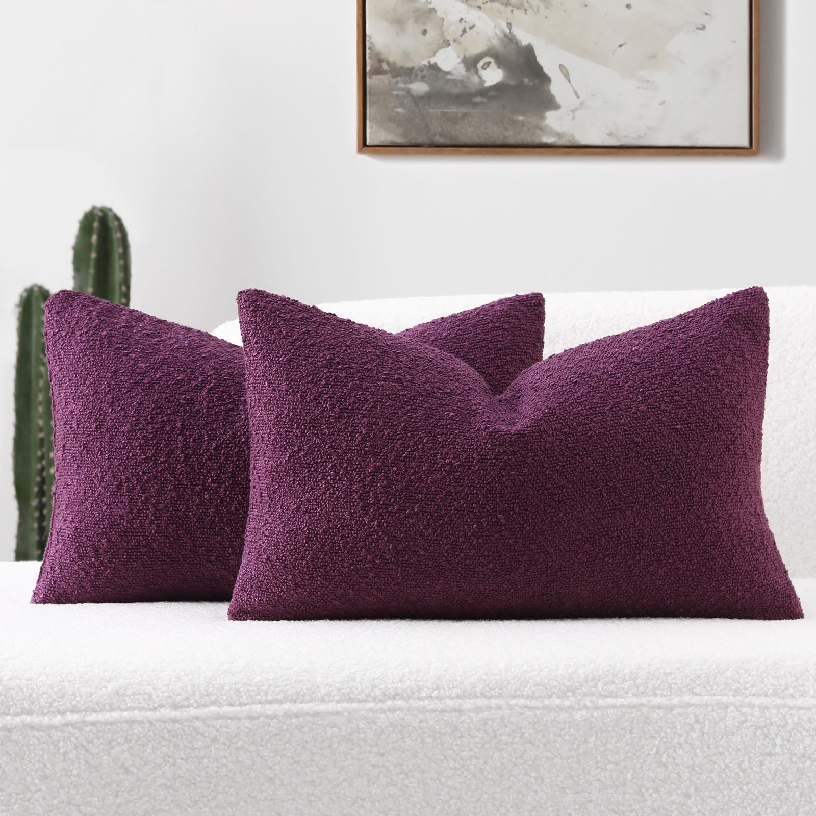 Futei Pack Of 2 Purple Boucle Accent Decorative Throw Pillow Covers,12X20 Inch Soft Solid Textured Lumbar Pillow Cases,Home Deco