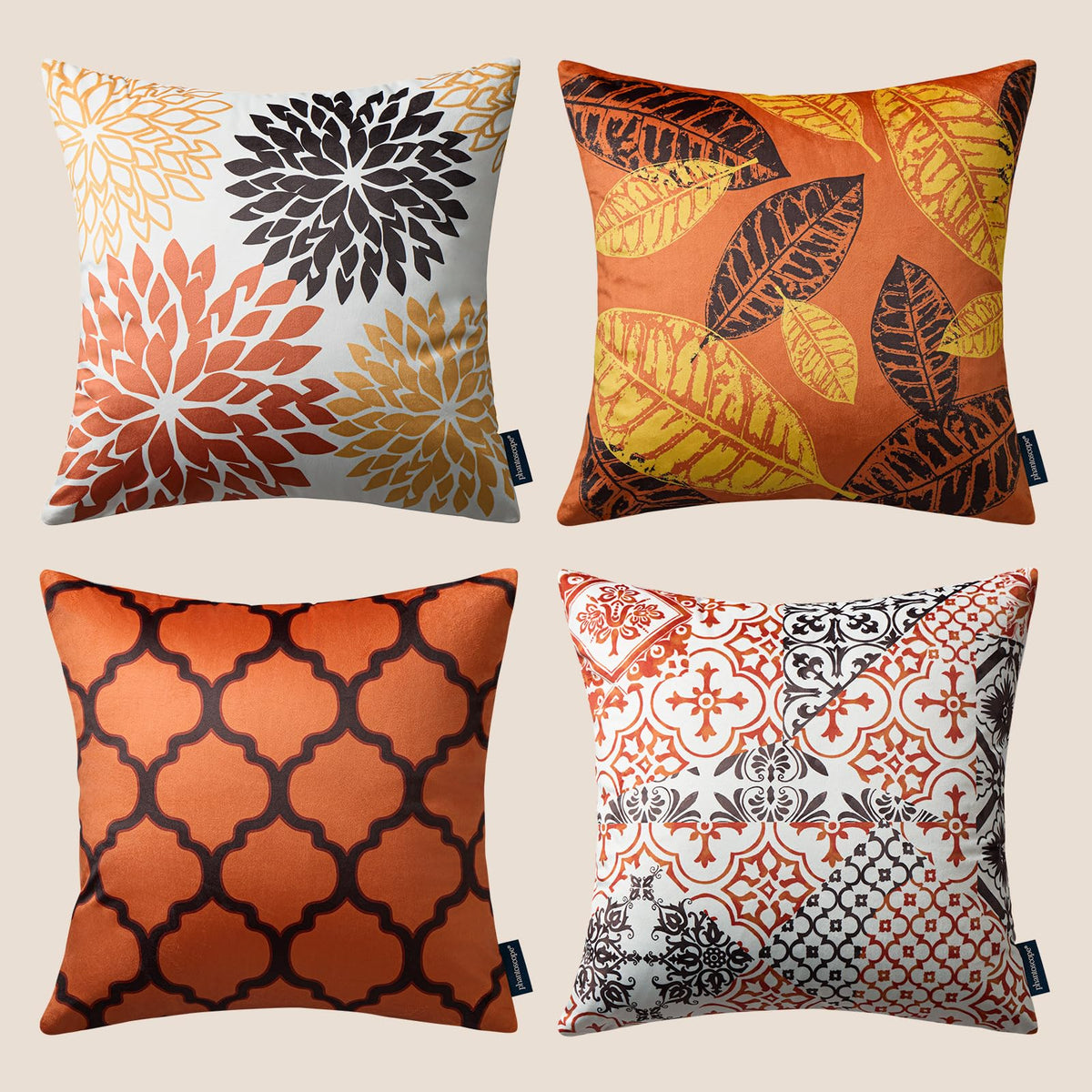Phantoscope Set of 4 New Living Series Halloween Leaf Geometric Throw Decorative Fall Velvet Pillow Cover Cushion Cover, Orange 