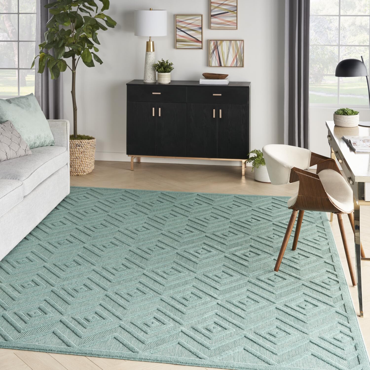 Nourison Versatile Indoor/Outdoor Aqua/Teal 7' X 10' Area Rug, Easy Cleaning, Non Shedding, Bed Room, Living Room, Dining Room, Deck, Backyard, Patio, High Traffic Area (7X10)
