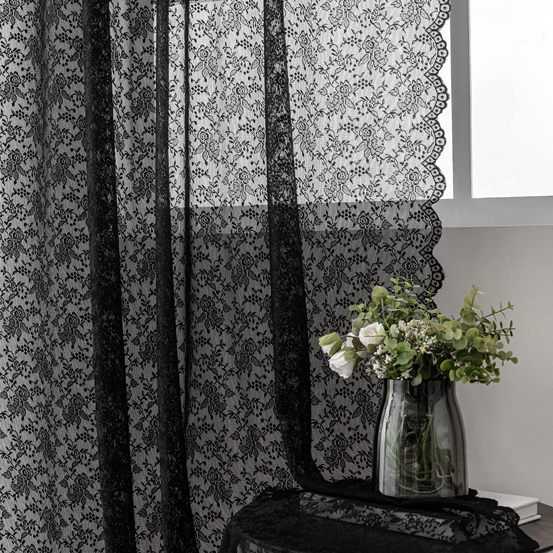 FINECITY Black Lace Curtains for Living Room, Black Rose Sheer Lace Curtains for Halloween, Gothic Lace Curtains Black, Privacy 