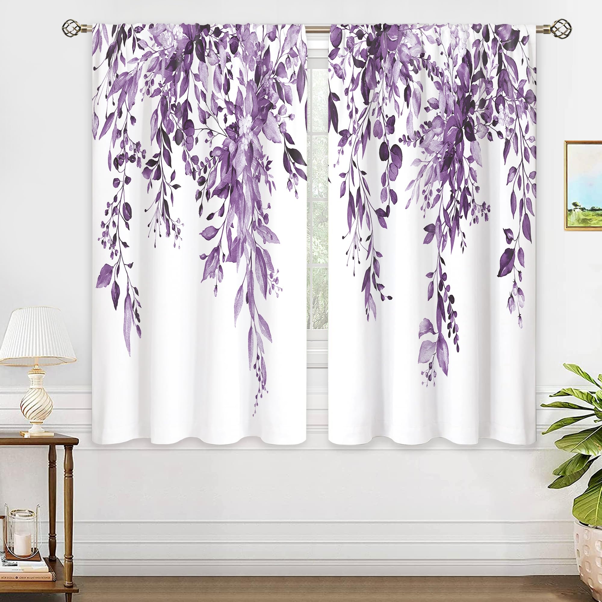 Oolygoo Purple Eucalyptus Botanical Leaves Floral Window Curtains Watercolor Flower Plant Wildflower Farmhouse Rustic Curtain Dr