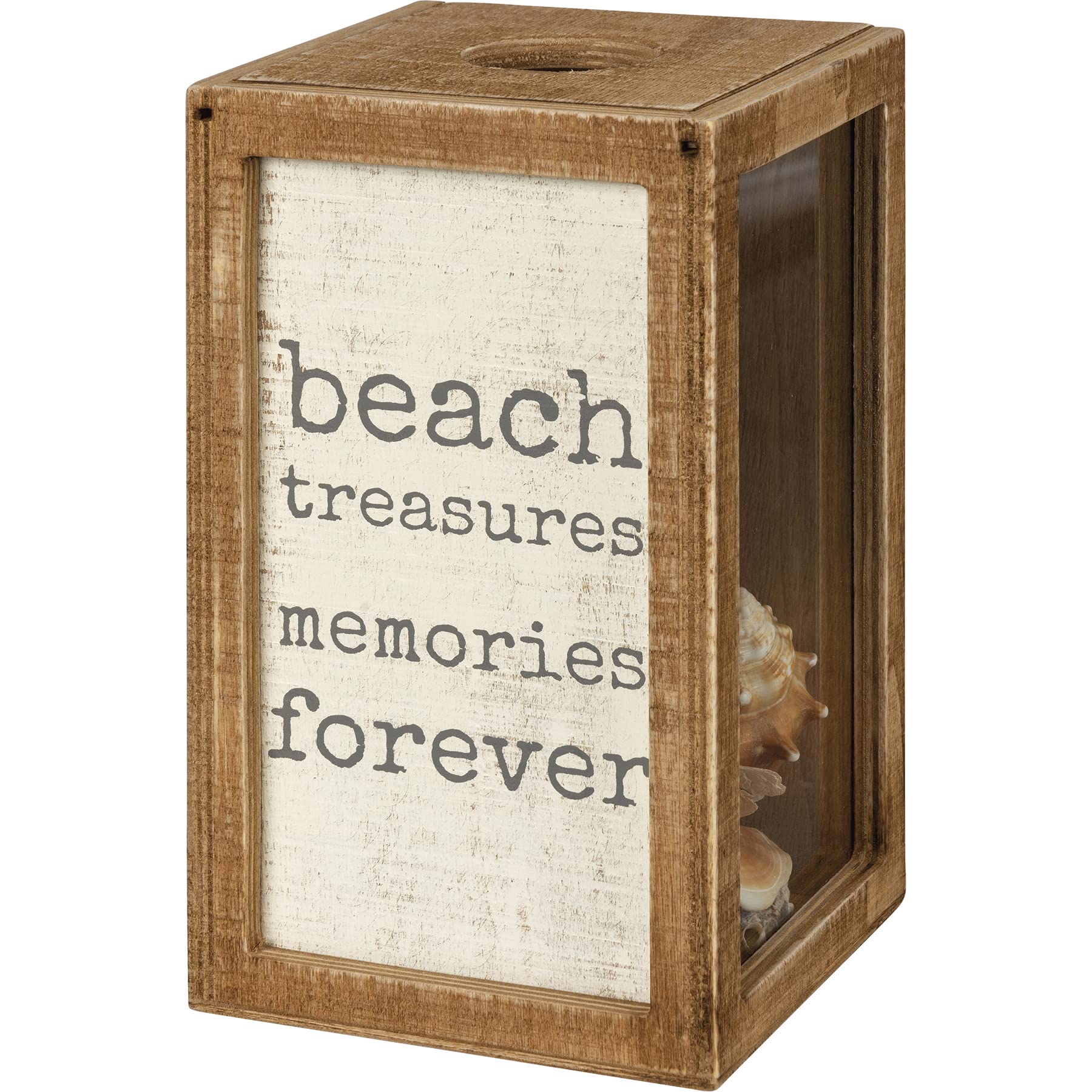 Primitives By Kathy Seashell Holder - Coastal Decor, Glass Display, Treasure Chest, Room And Bedroom Decor, Brown Wood