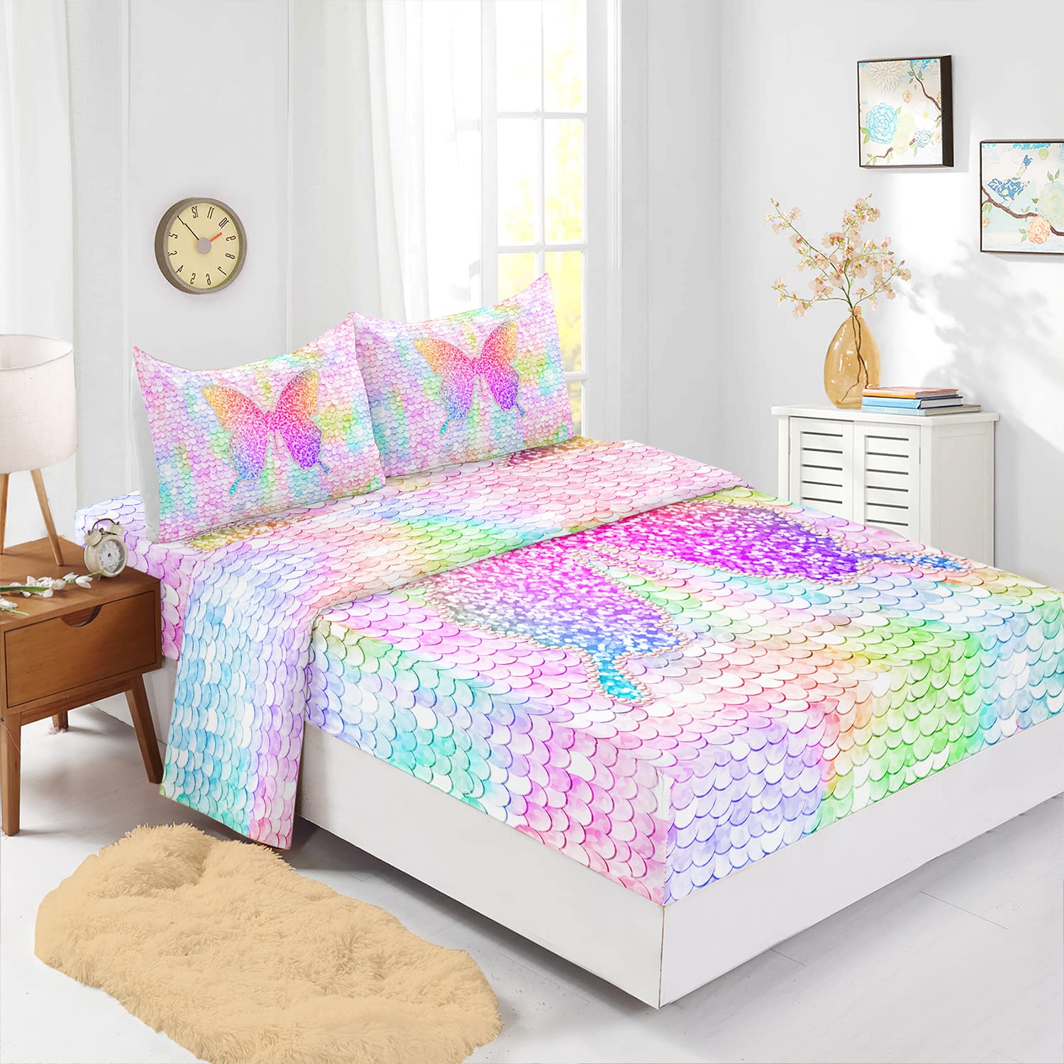 Cvhouse Rainbow Butterfly Bed Sheets Sets Full Size,Rainbow Butterfly Bedding Sets For Girls Kids Teens,Rainbow Butterfly Fitted
