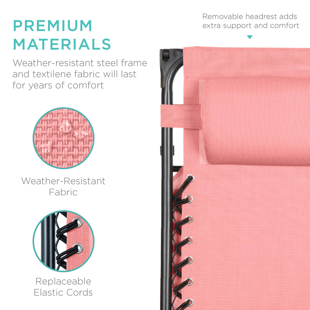 Best Choice Products Folding Zero Gravity Outdoor Recliner Patio Lounge Chair W/Adjustable Canopy Shade, Headrest, Side Accessory Tray, Textilene Mesh - Pink
