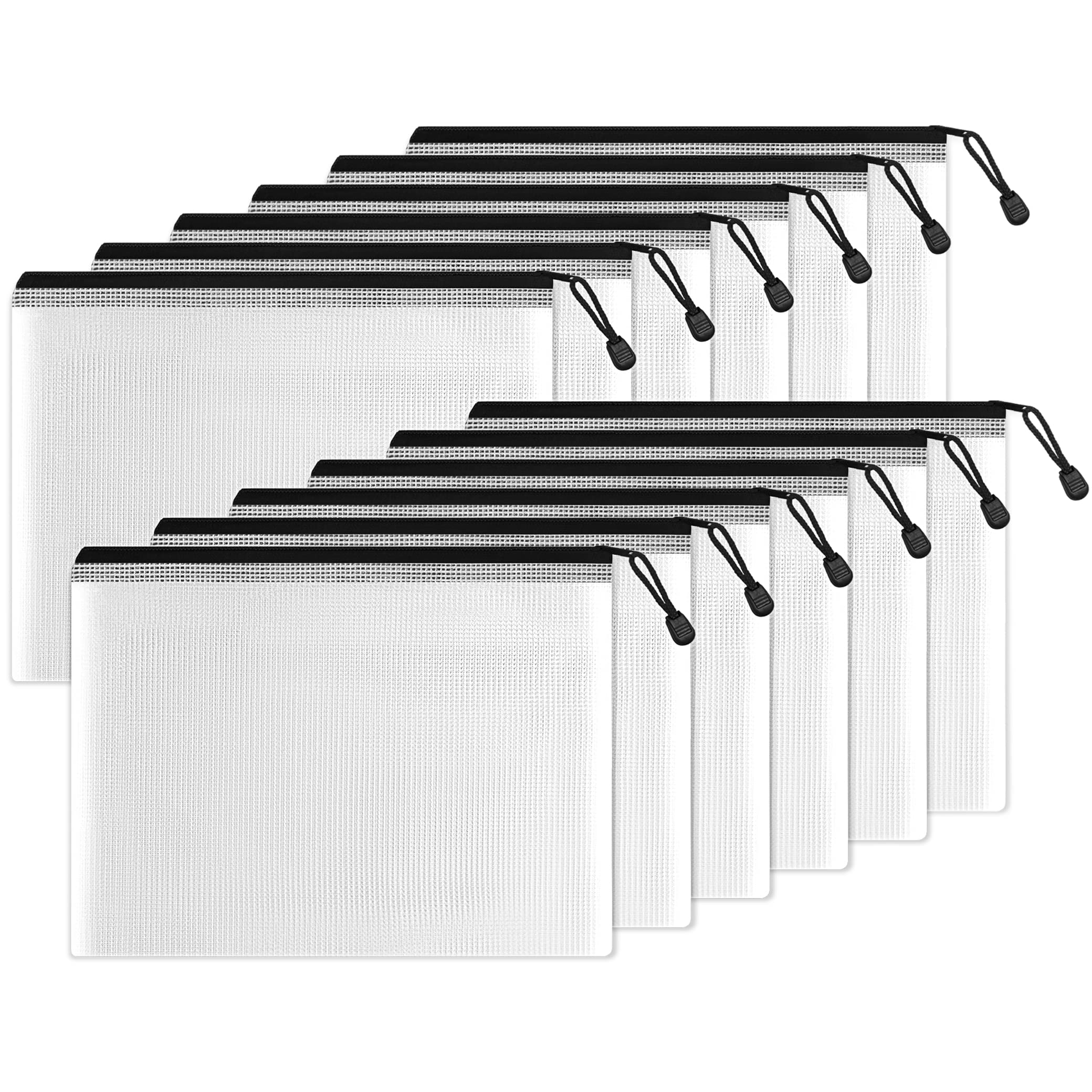 Sunee Plastic Mesh Zipper Pouch 7X11 In (Black, 12 Packs), Small Water-Resistant Zip Bag For School Office Supplies, Pencil Orga