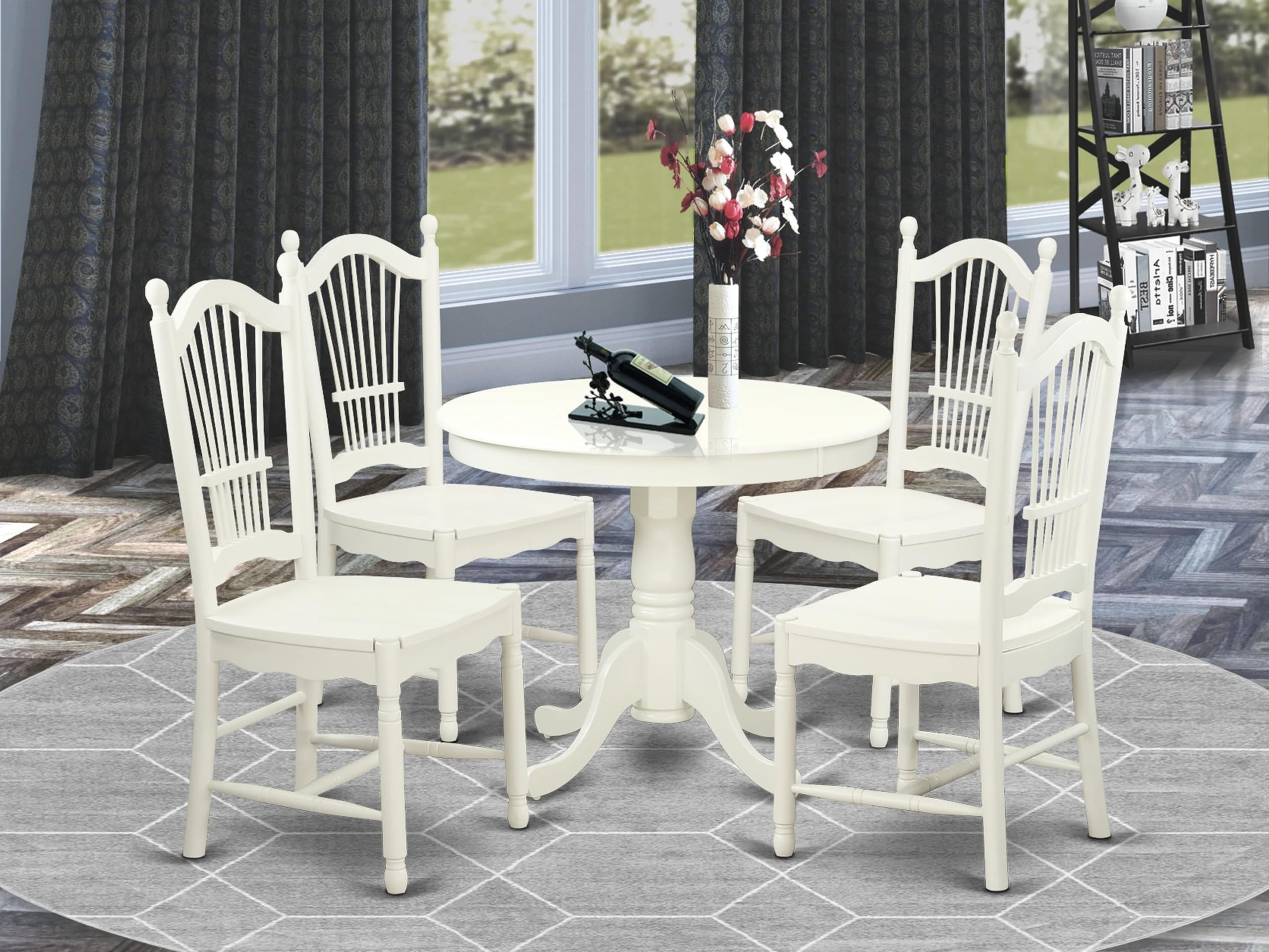 East West Furniture ANDO5-LWH-W 5 Piece Dining Room Furniture Set Includes a Round Kitchen Table with Pedestal and 4 Dining Chairs, 36x36 Inch, Linen White