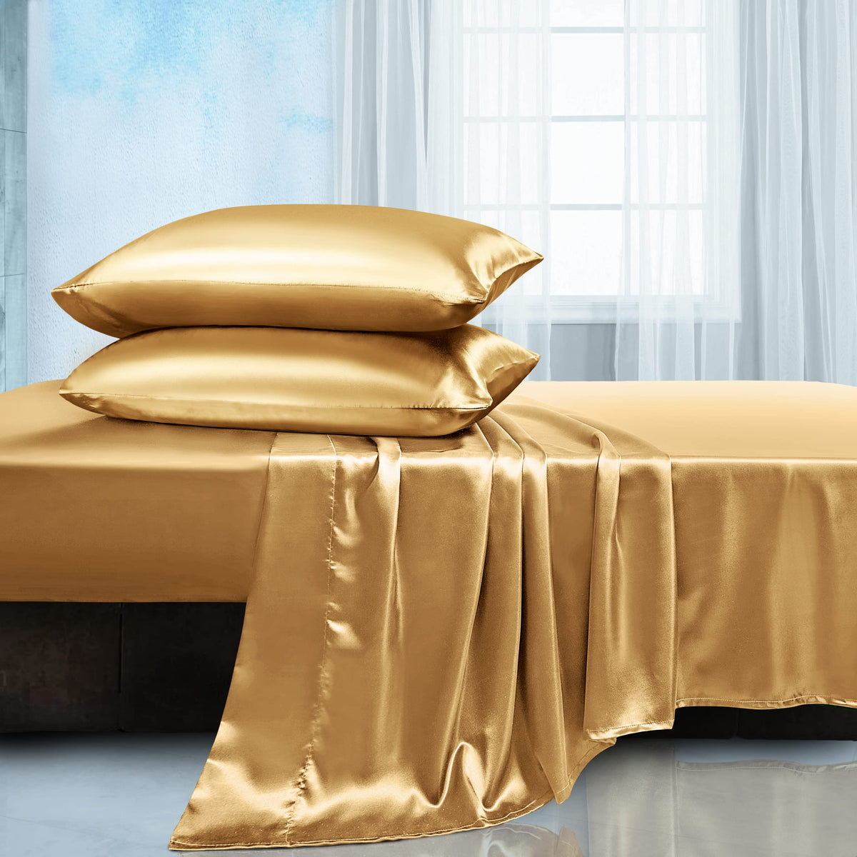 Manyshofu Satin Queen Sheets Set 4 Piece - Soft Silky Satin Sheets Set, Camel Gold Satin Bed Sheets Cooling & Luxury Bedding She