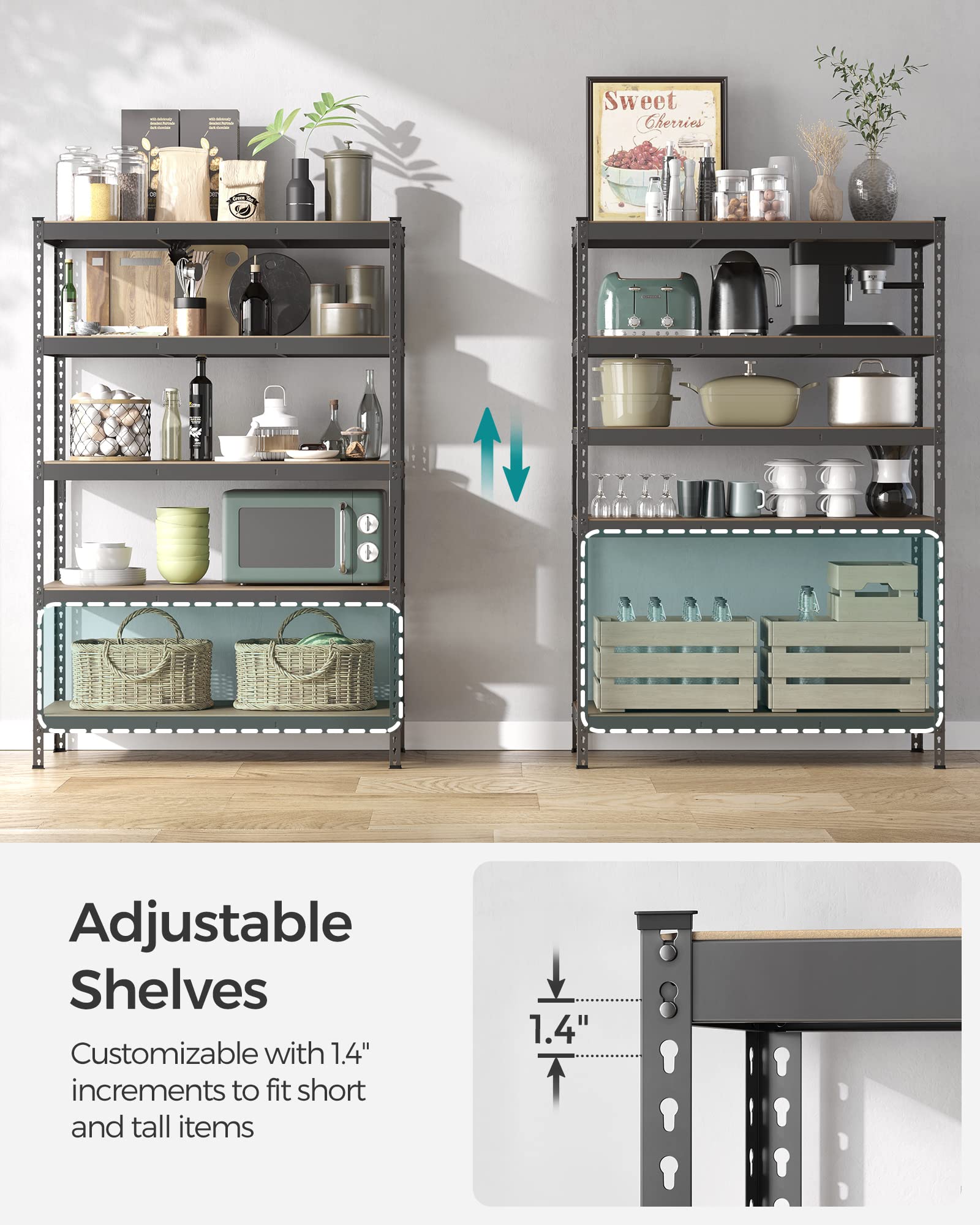 Songmics 5-Tier Storage Shelves, Set Of 2 Garage Storage, Boltless Assembly, Adjustable Shelving Units, 23.6 X 47.2 X 70.9 Inches, Load 1929 Lb Each, Shed Warehouse Basement, Gray Uglr600G02