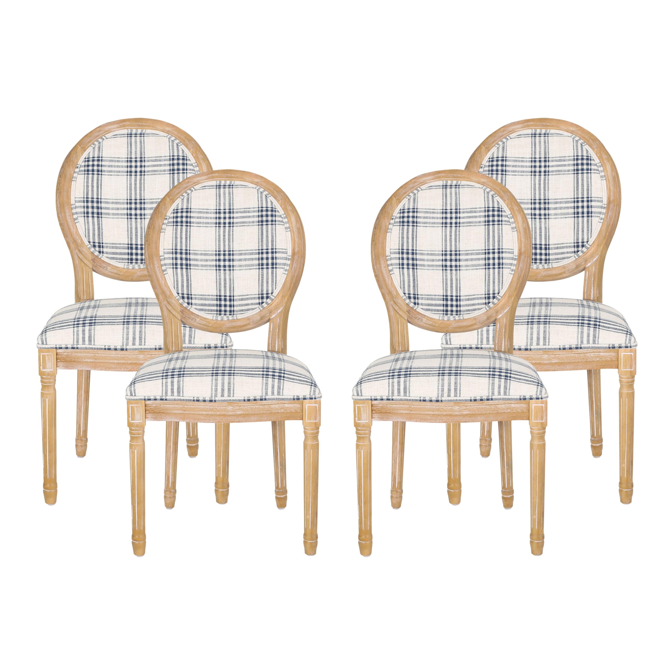Christopher Knight Home Phinnaeus Dining Chair Set, Set of 4, Wood, Dark Blue Plaid + Light Beige + Natural